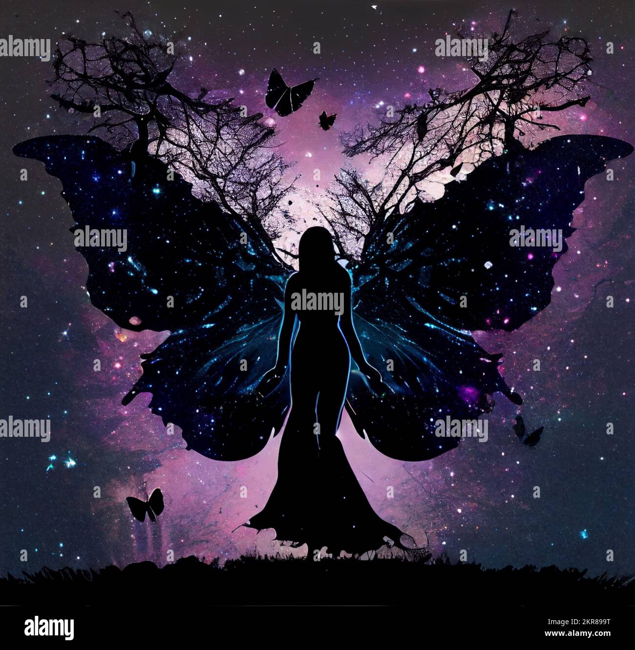 A woman blended with a tree, with fairy wings silhouetted against nebulas and starry skies Stock Photo