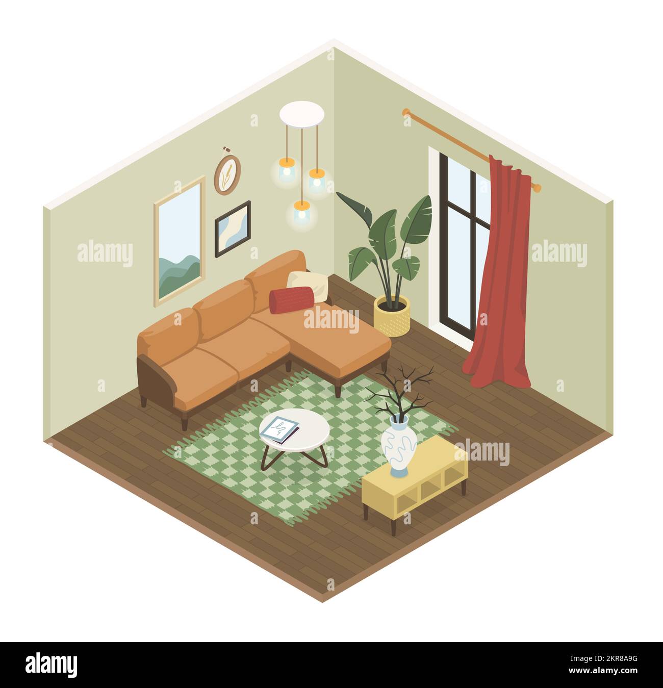 Stylish living room - modern vector colorful isometric illustration ...