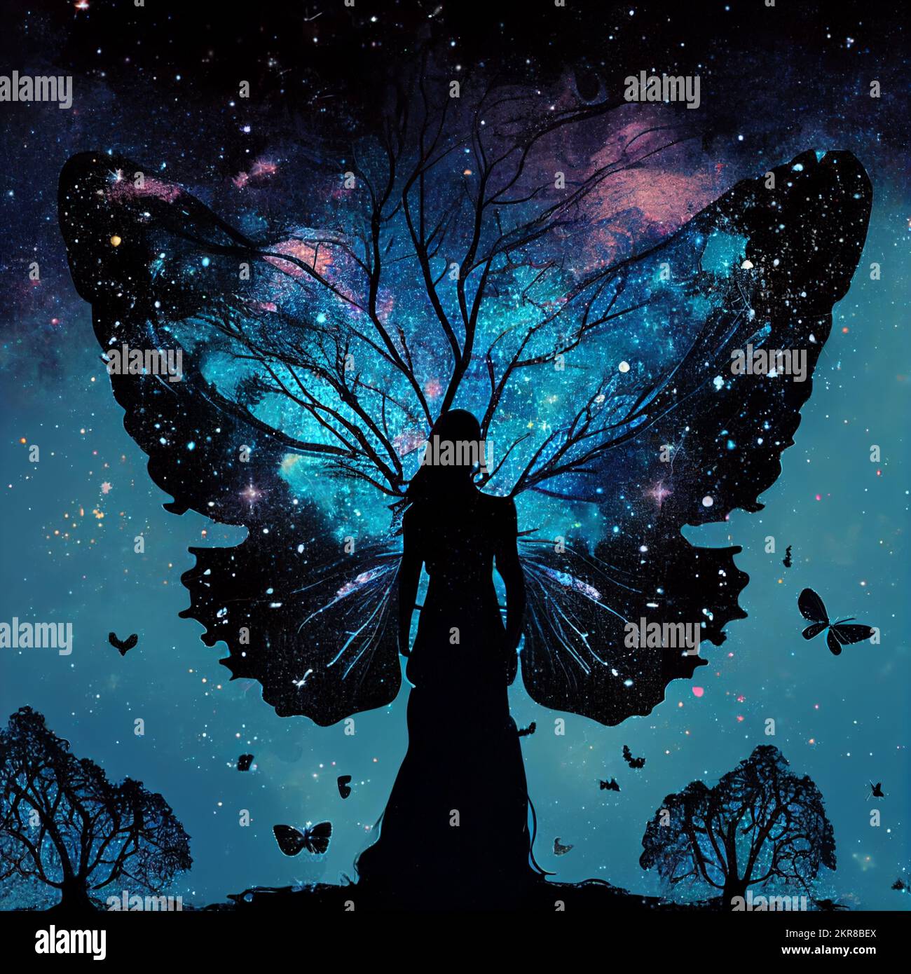 A woman blended with a tree, with fairy wings silhouetted against nebulas and starry skies Stock Photo
