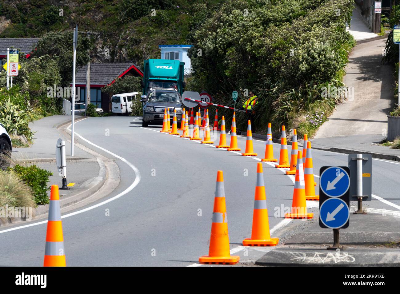 Traffic cones beside road works, Houghton Bay, Wellington, North island