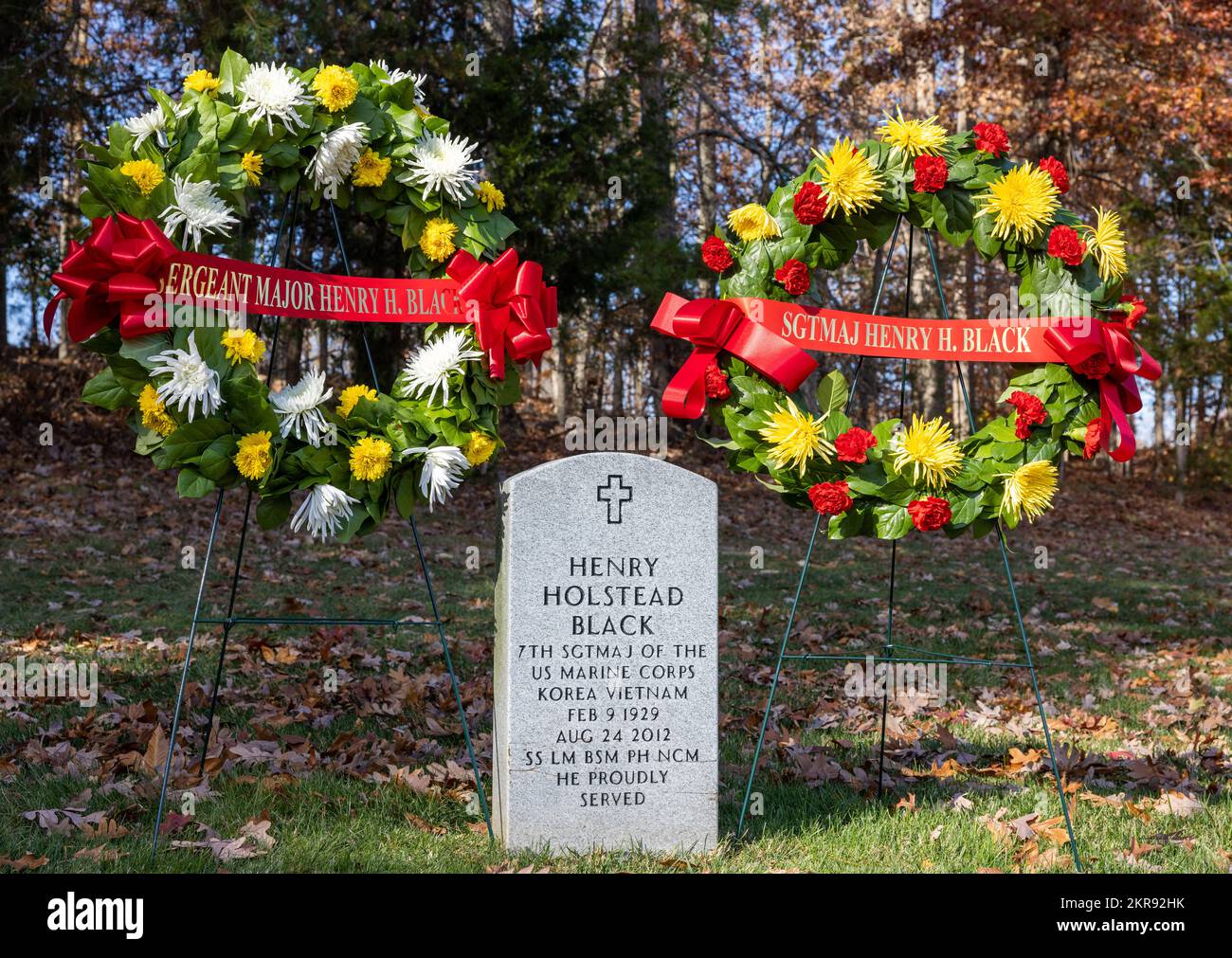 Wreaths are placed by the headstone of Sgt. Maj. Henry Black, 7th Sergeant Major of the Marine