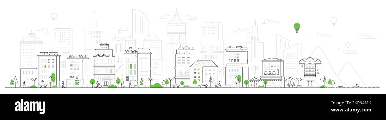 Cozy city with modern architecture - thin line design style vector ...