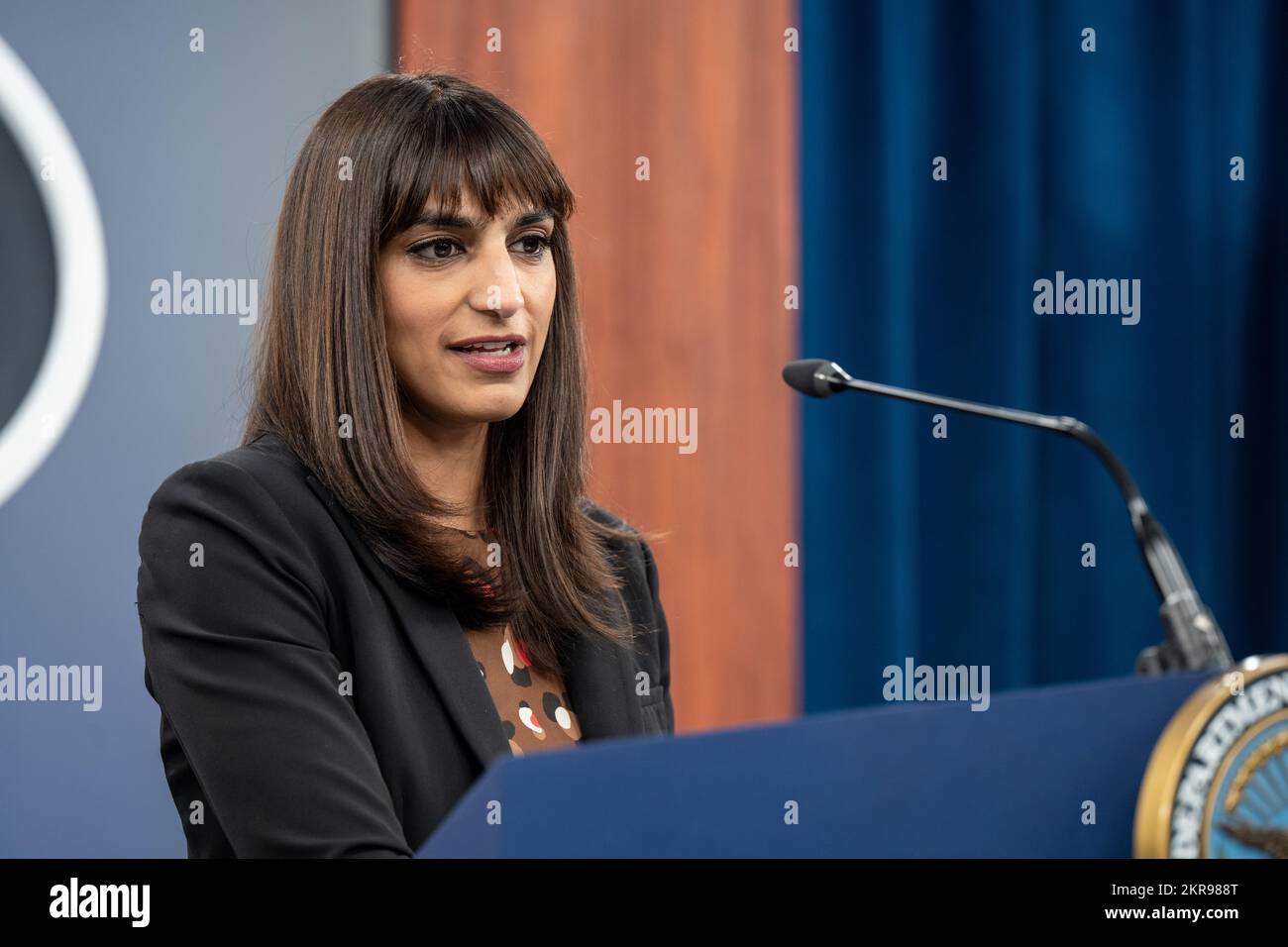 Deputy Pentagon Press Secretary Sabrina Singh speaks during an on
