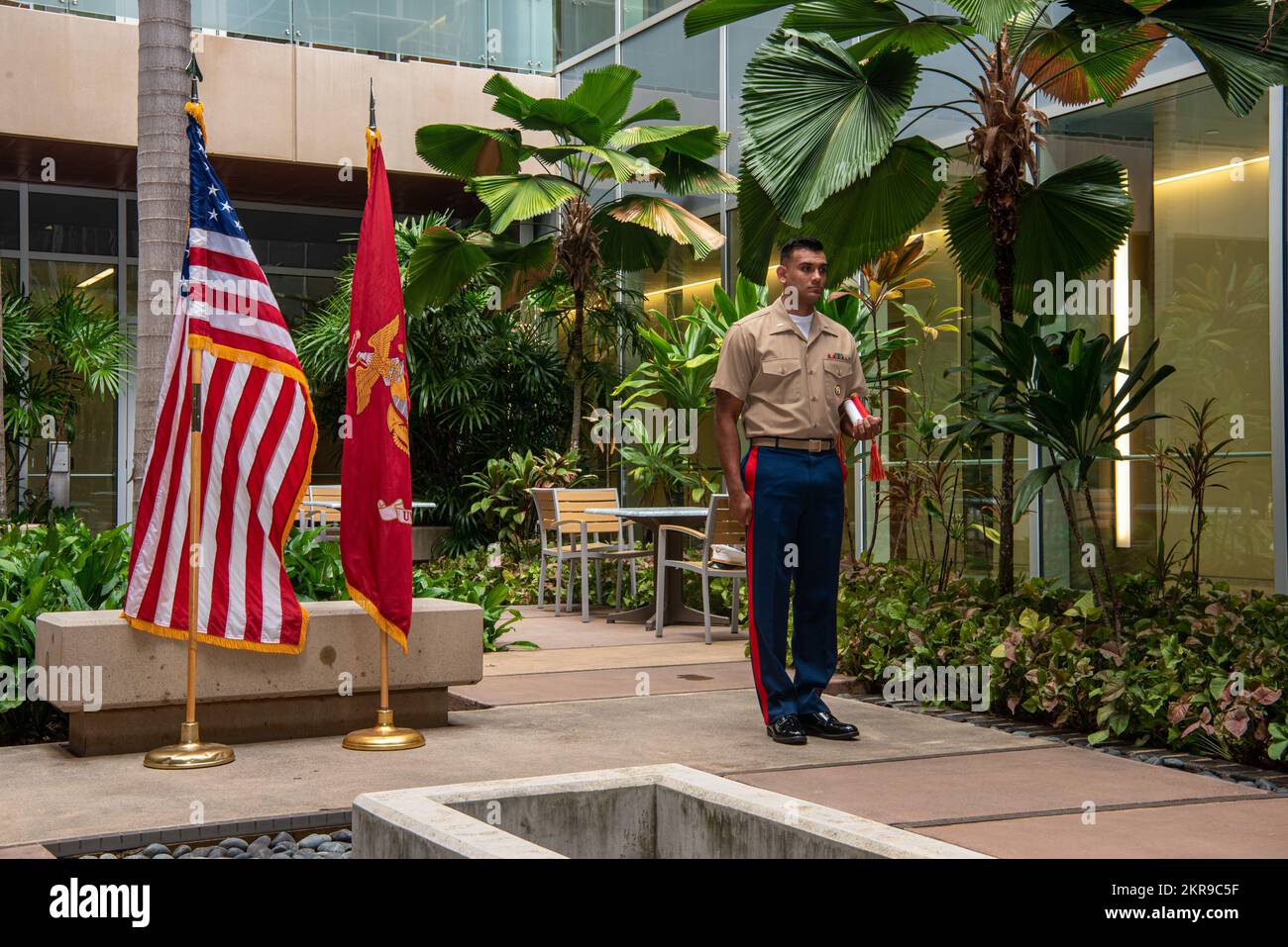 Marines attached to the Defense POW/MIA Accounting Agency participate in a ceremony for the 247th Marine Corps birthday at the DPAA Facility on Joint Base Pearl Harbor-Hickam, Hawaii, Nov. 10, 2022. The ceremony was held to commemorate the Marine  Corps birthday honoring 247 years of rich history and defense of the nation. DPAA's mission is to achieve the fullest possible accounting for missing and unaccounted for U.S. personnel to their families and our nation. Stock Photo