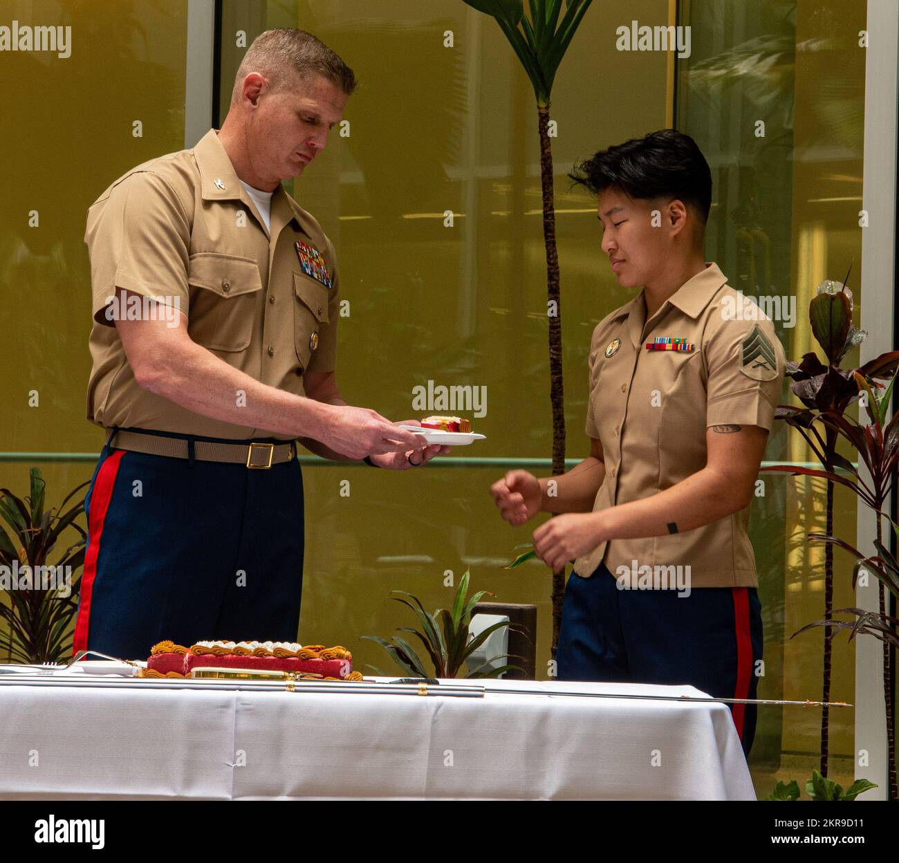 Marines attached to the Defense POW/MIA Accounting Agency participate in a ceremony for the 247th Marine Corps birthday at the DPAA Facility on Joint Base Pearl Harbor-Hickam, Hawaii, Nov. 10, 2022. The ceremony was held to commemorate the Marine  Corps birthday honoring 247 years of rich history and defense of the nation. Stock Photo