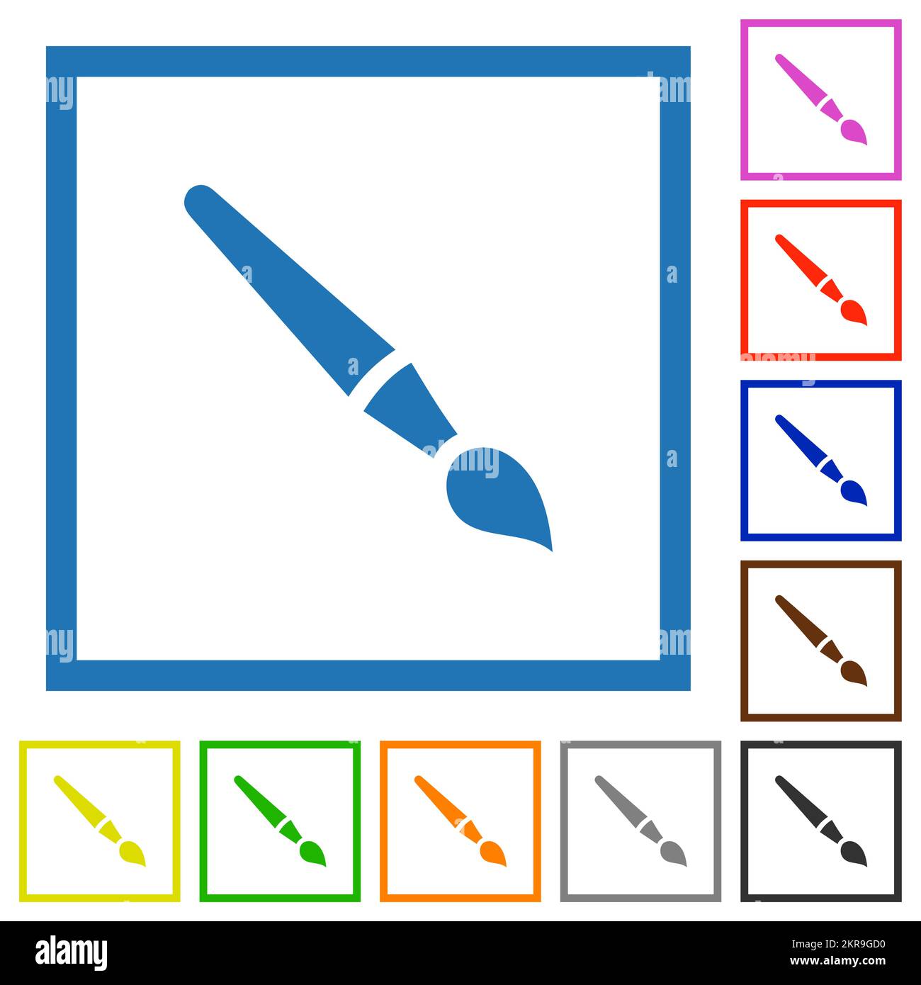 Single brush solid flat color icons in square frames on white background Stock Vector