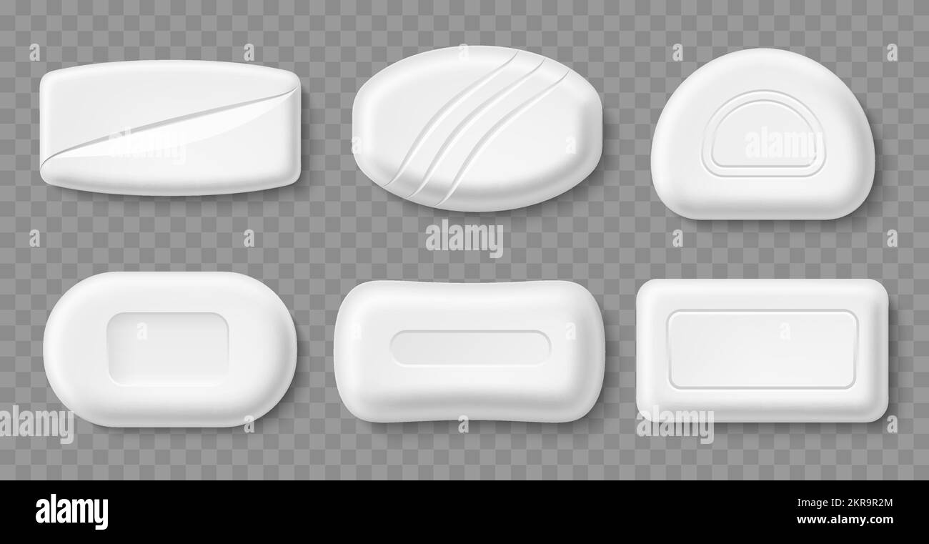 White soap bars. Realistic hygienic products mockup, different shapes top view, antibacterial spa washing cosmetic, bath elements, 3d isolated Stock Vector