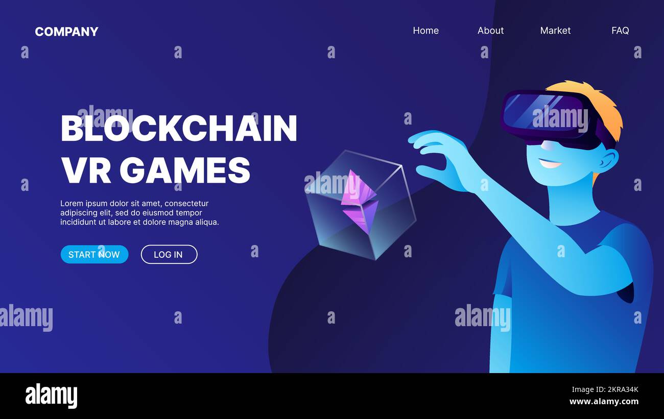 A man in VR glasses found a box with cryptocurrency. Blockchain VR Games.  P2E Crypto Games Landing Page Concept. Vector illustration Stock Vector  Image & Art - Alamy