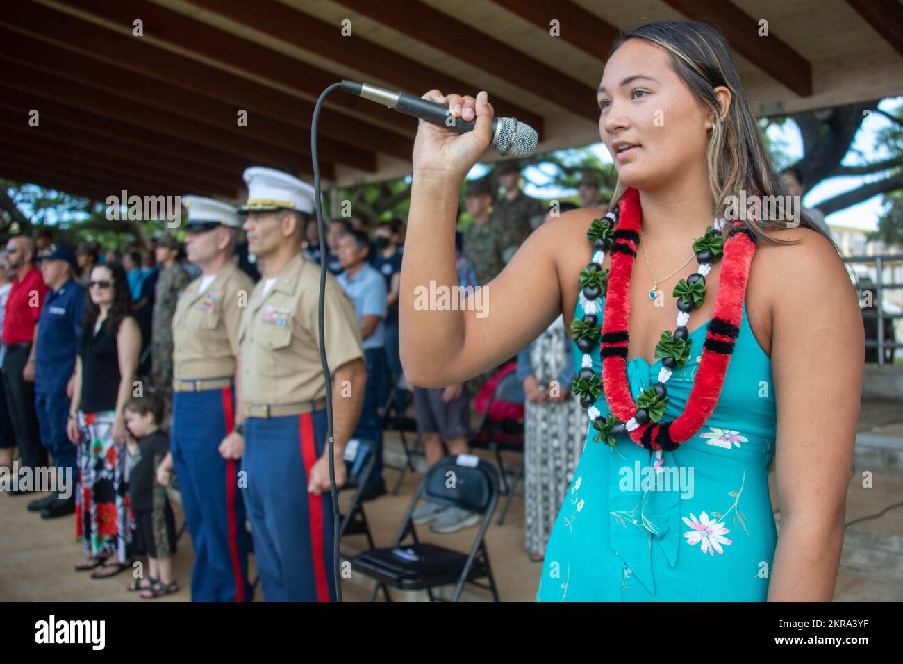 Tehani Kong, a senior at Kalaheo High School, sings the national anthem