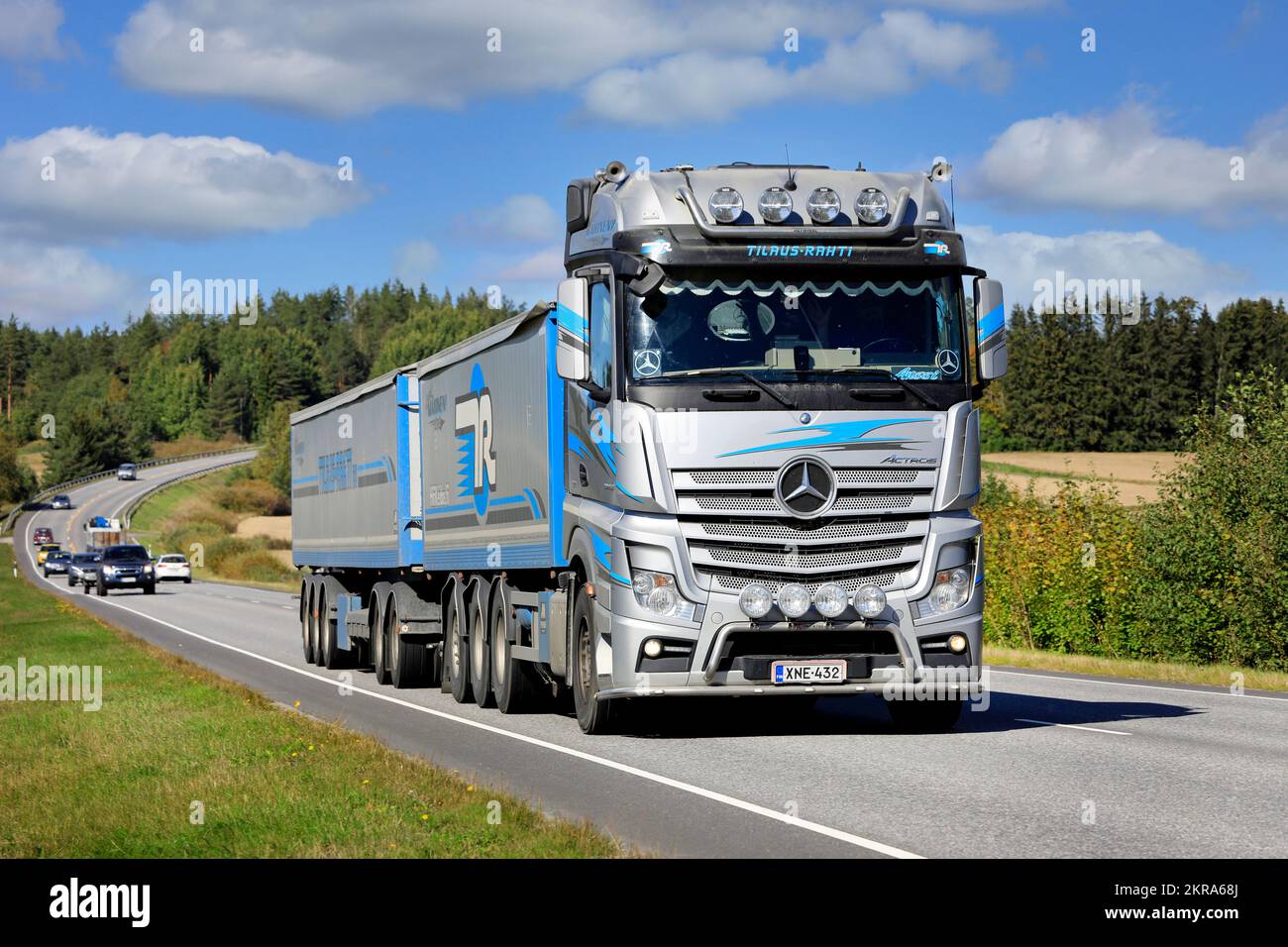 Beautifully customized Mercedes-Benz Actros general cargo transporter of Tilaus-Rahti Oy on highway on a sunny day. Salo, Finland. September 10, 2022. Stock Photo