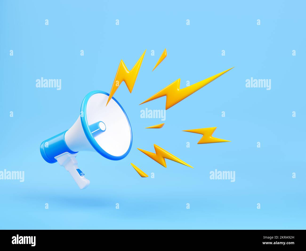 3d render megaphone or loudspeaker with flash lightning bolts ...