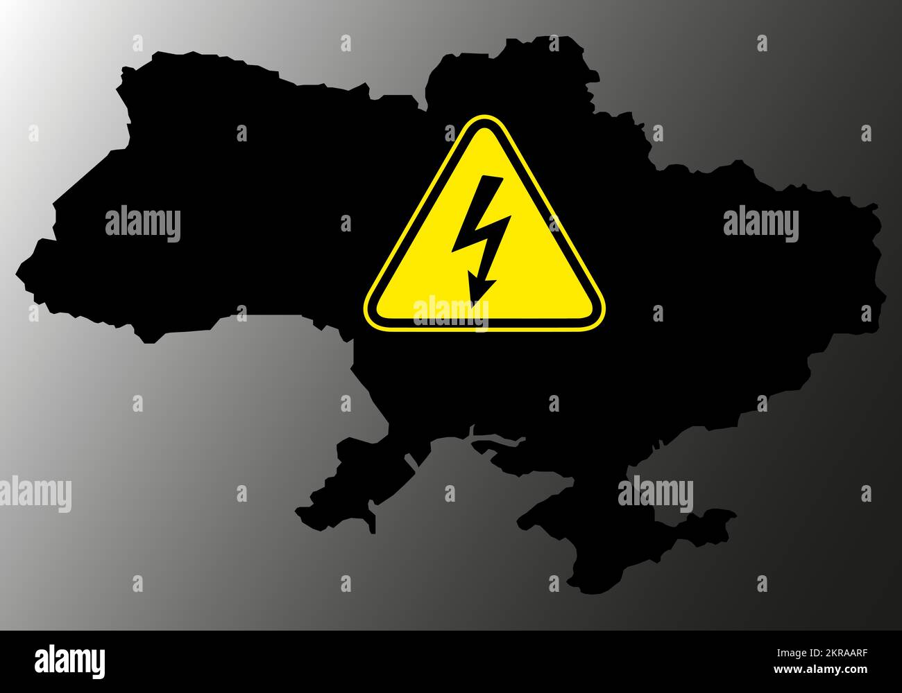 Power outage on the Ukraine map has a warning sign with a lightning symbol - blackout concept. Lack of electricity in the country due to destruction b Stock Vector