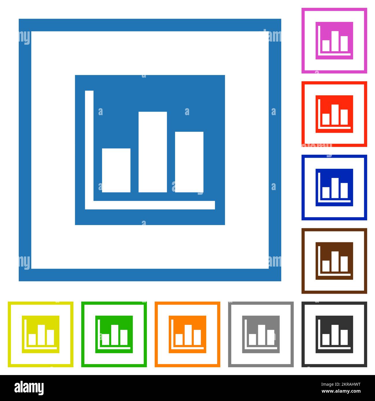 Bar graph statistics solid flat color icons in square frames on white background Stock Vector