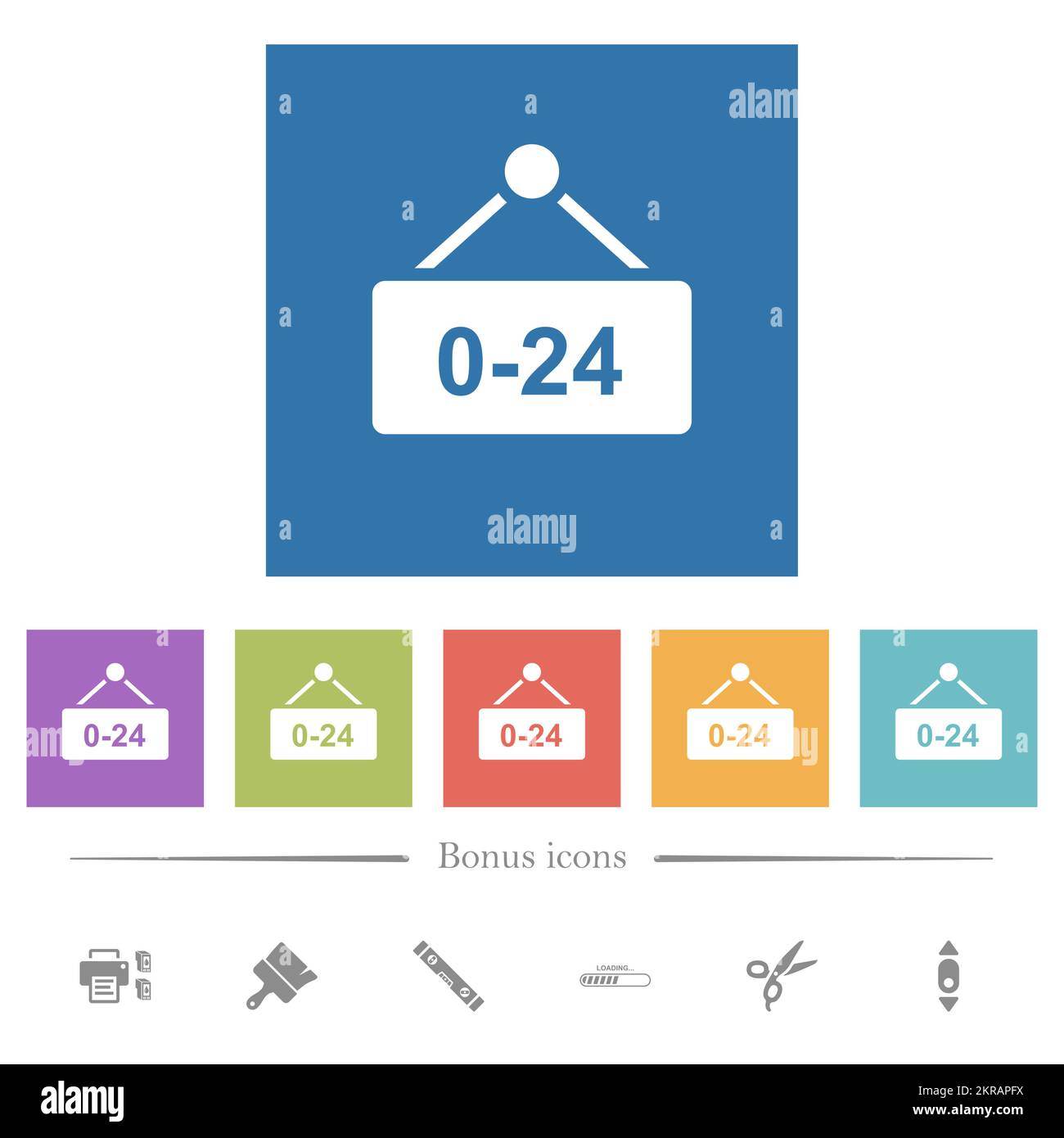 Hanging table with 24 hours flat white icons in square backgrounds. 6 ...