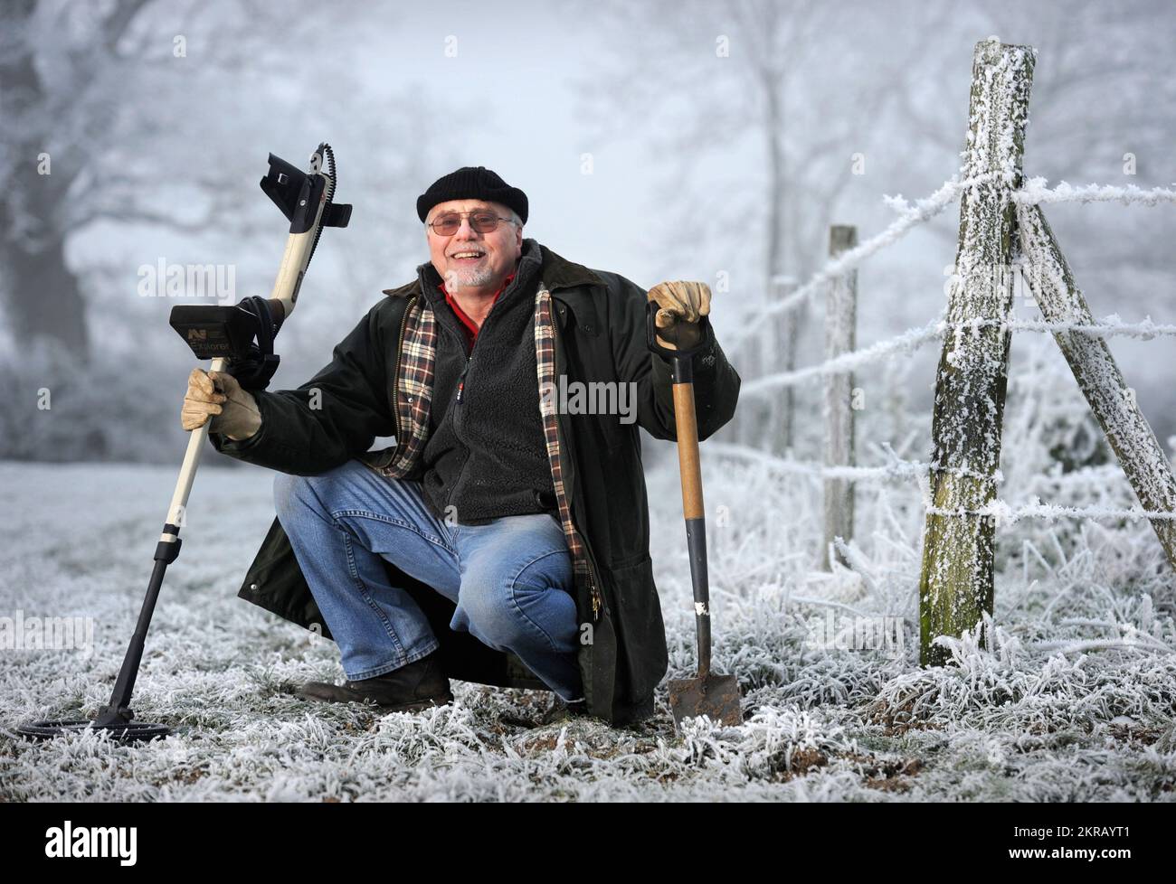 Metal detector David Crisp in the Somerset field where he discovered the 'Frome Hoard', the second largest collection of Roman coins to be unearthed Stock Photo