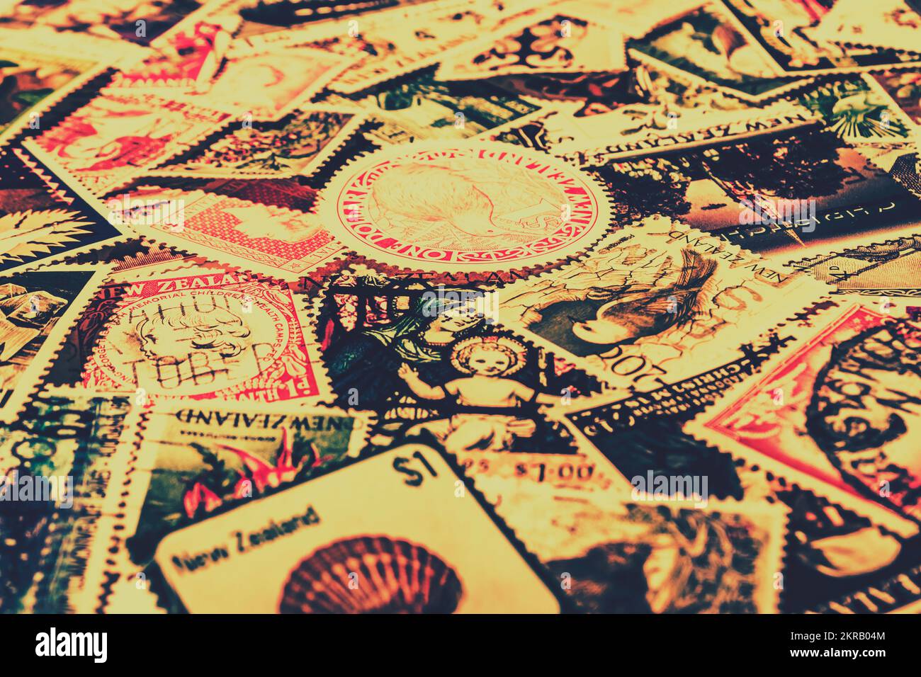 Horizontal perspective on a layout of a New Zealand stamp collection