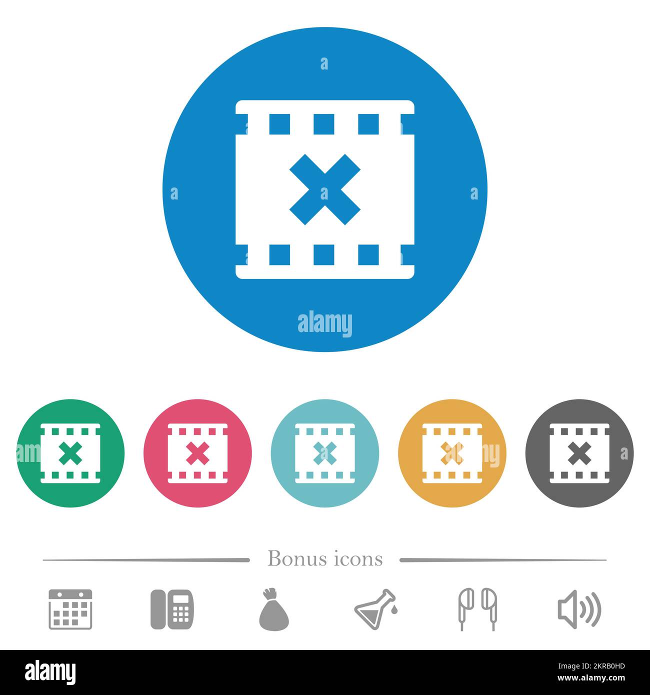 Movie cancel flat white icons on round color backgrounds. 6 bonus icons ...