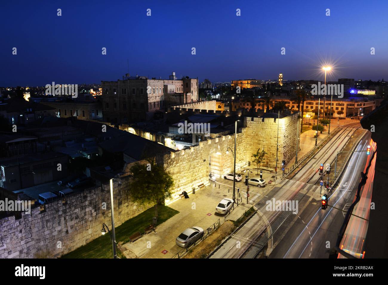 A view of the old city wall seen from the rooftop of the Notre Dame monastery in Jerusalem, Israel. Stock Photo