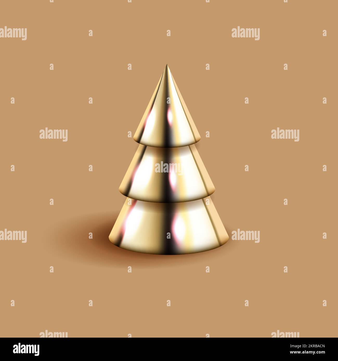 Golden 3D geometric Christmas tree on brown background. Shiny metal decoration element. Decorative mathematical figure vector illustration in Stock Vector