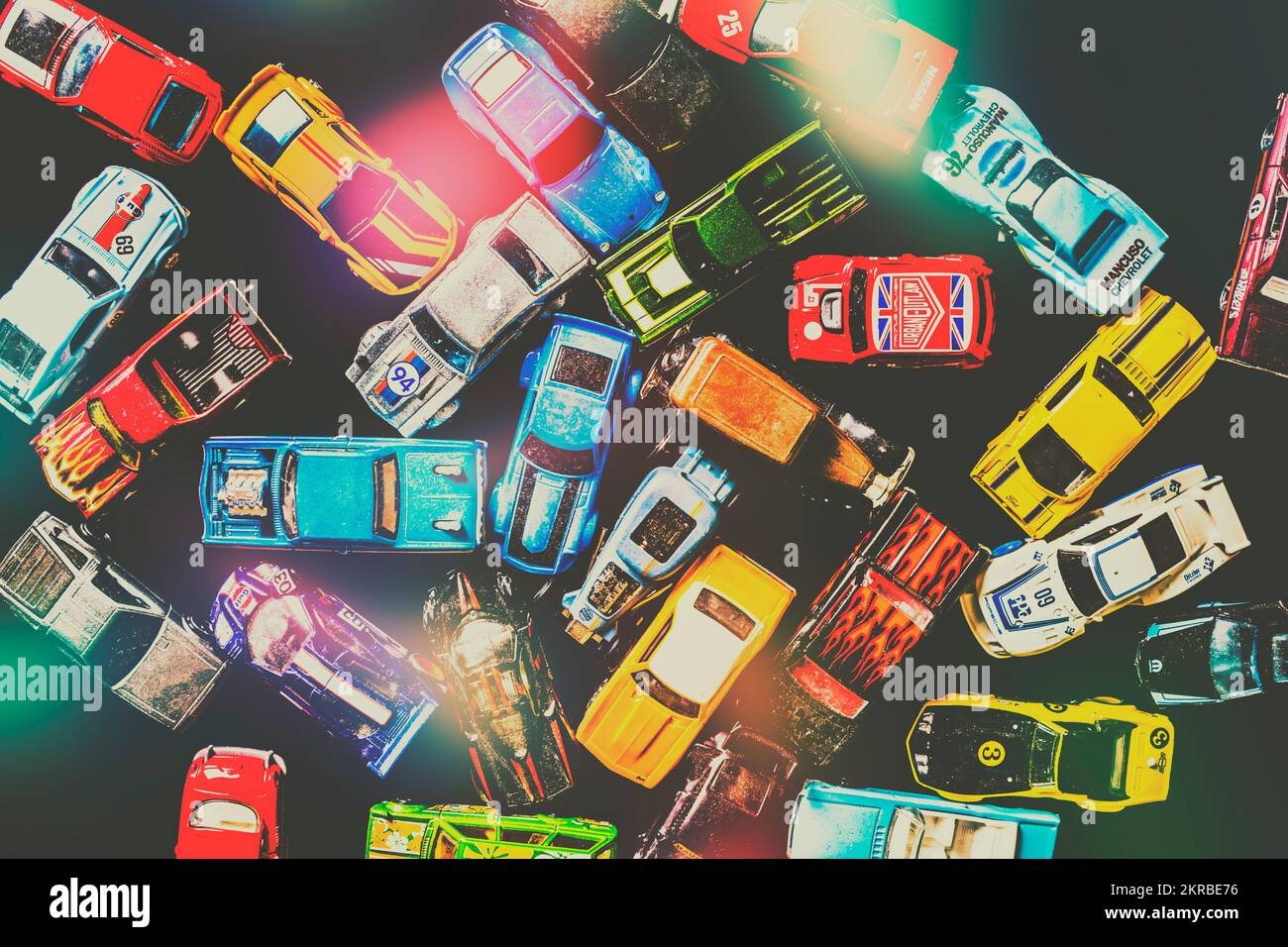 Played out scene in model car calamity with retro toy cars in a destruction derby jam Stock Photo