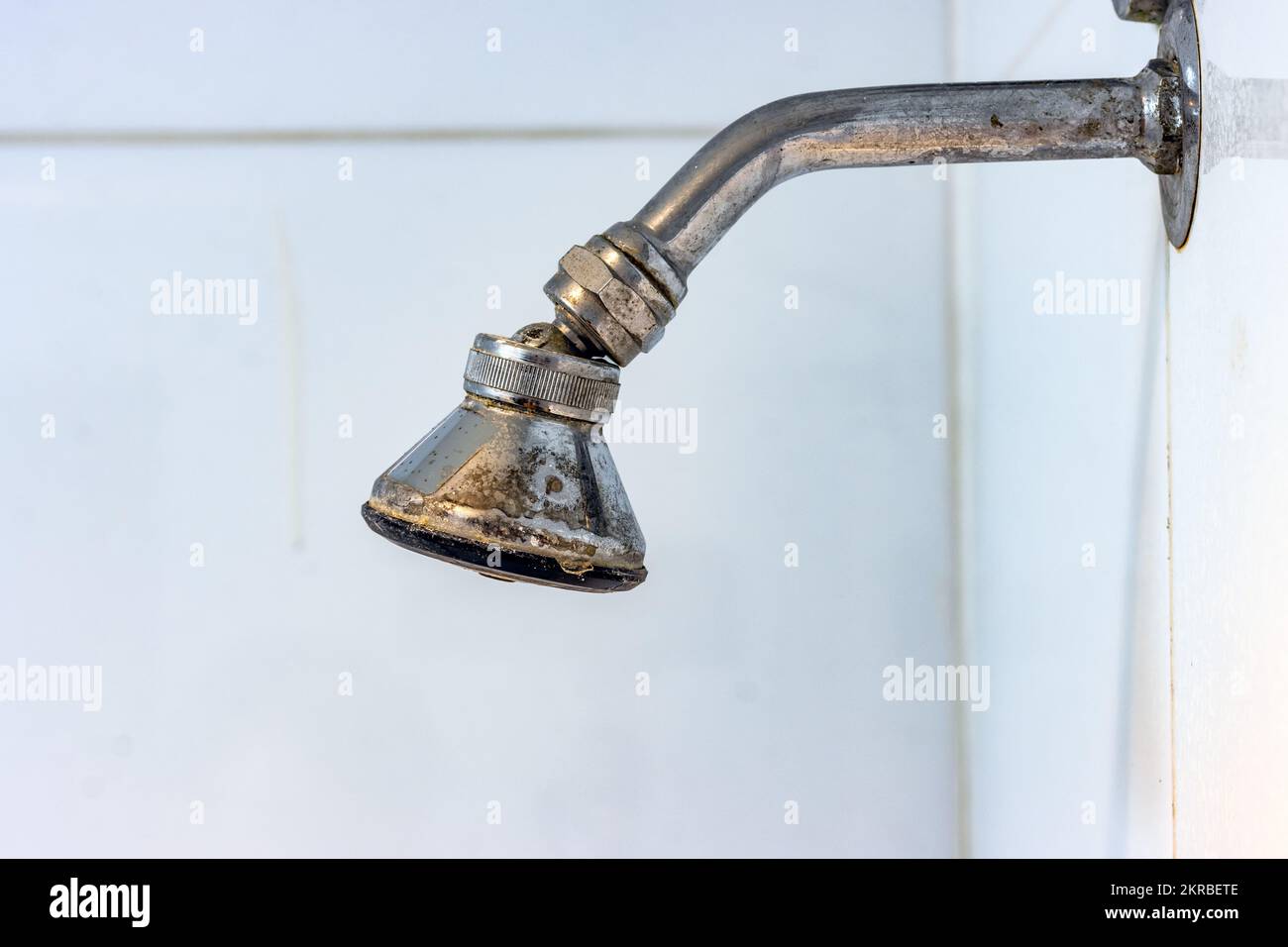 A shower head attached to the tiles in the bathroom Stock Photo Alamy