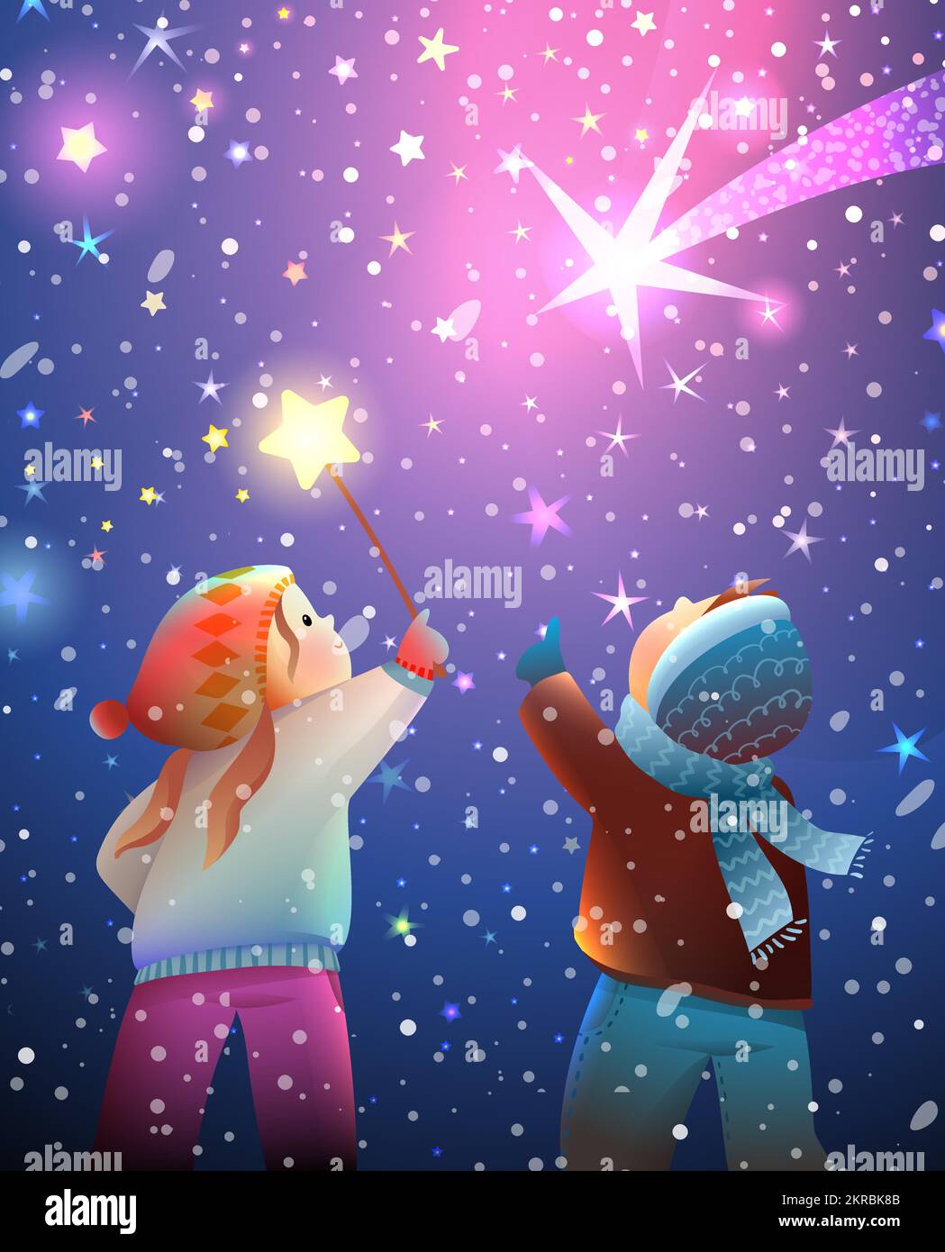 Children Watching Stars in Magic Winter Night Sky Stock Vector