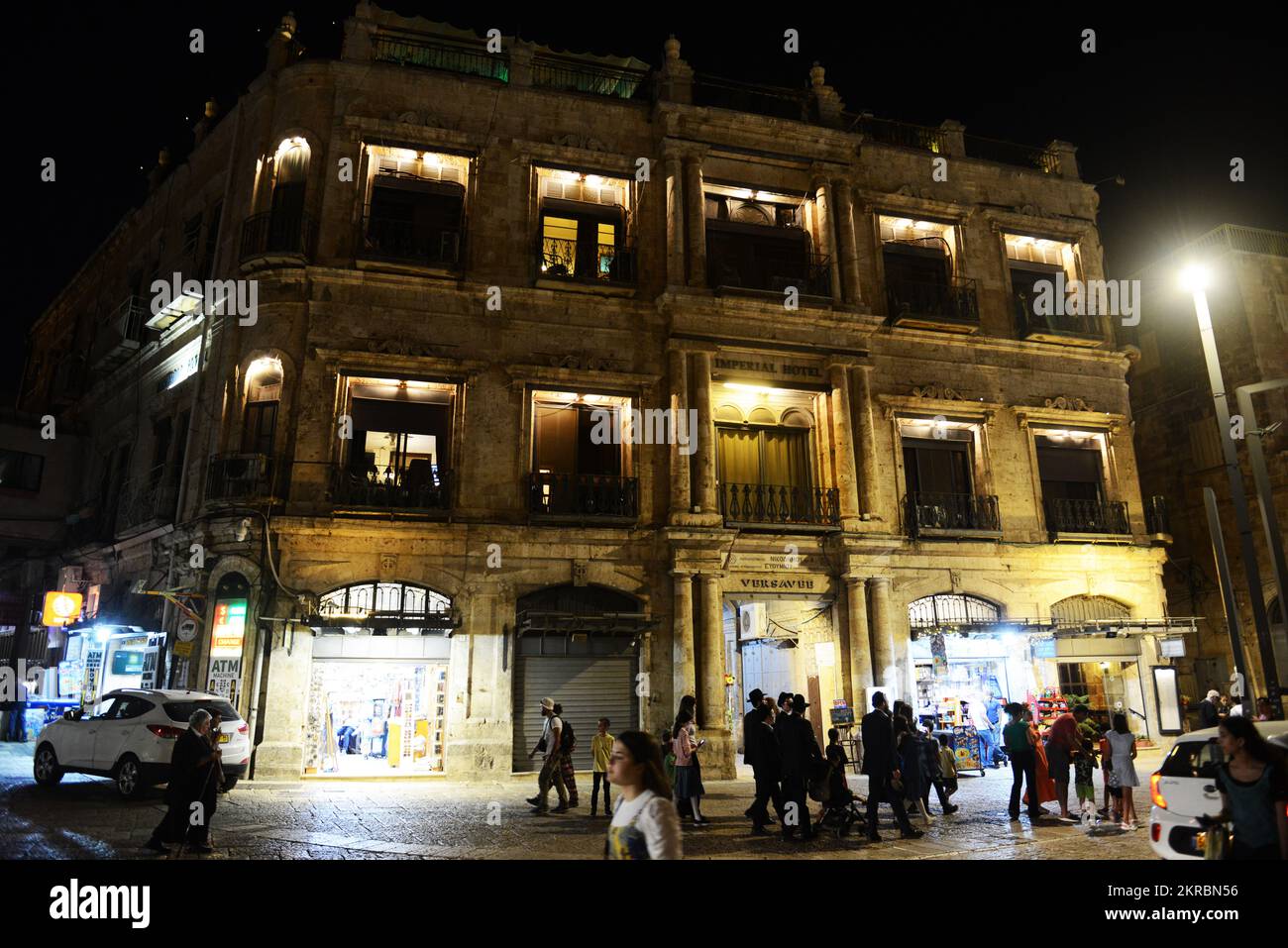 Omar Ibn ElKhattab Sq. near Jaffa gate in the old city of Jerusalem at night time Stock Photo