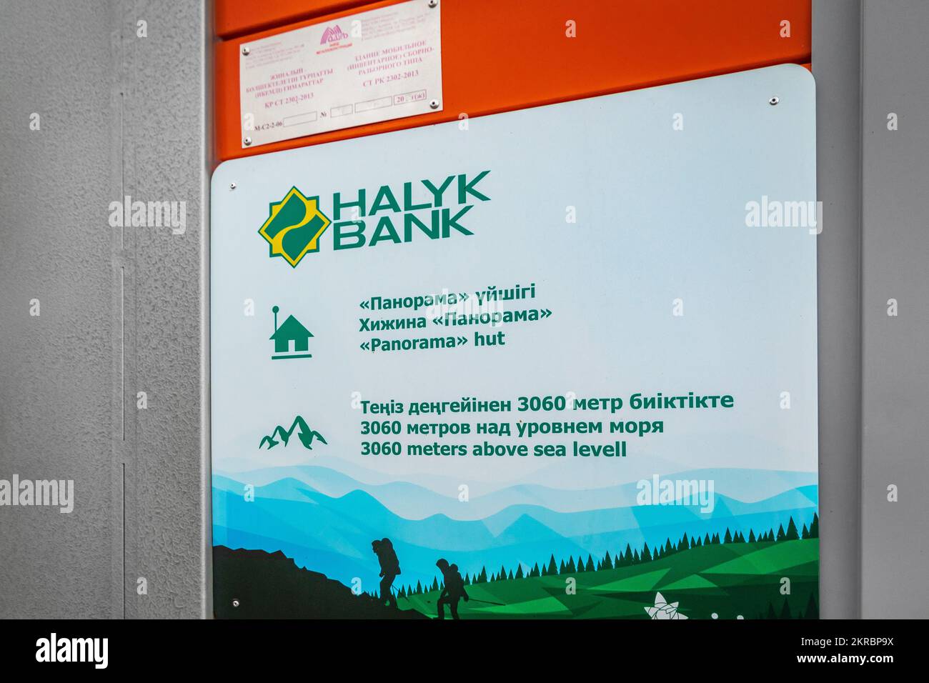 Nameplate with Info on Self-contained rescue hut for tourists on top of ...