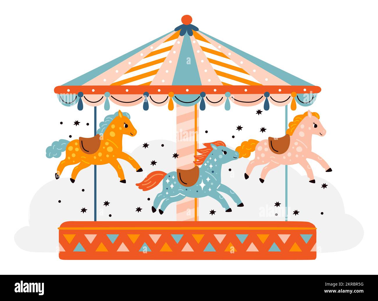 Horses carousel. Kids park attraction. Carnival wheel with funny ponies. Decorative equine animals. Round rides. Rotating entertainment device Stock Vector