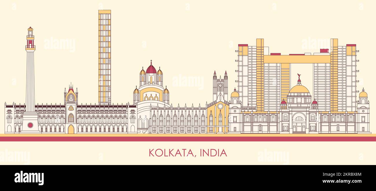 Cartoon Skyline panorama of city of Kolkata, India - vector illustration Stock Vector