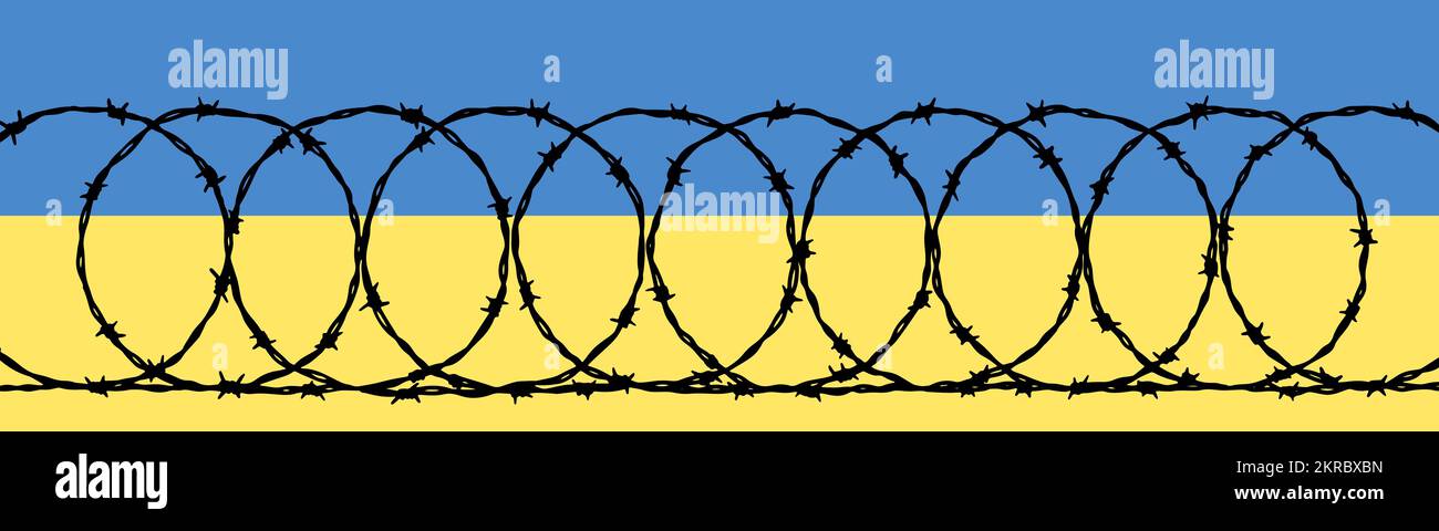 Ukrainian flag behind barbed wire fence. Stop the war concept. Pray for Ukraine Stock Vector