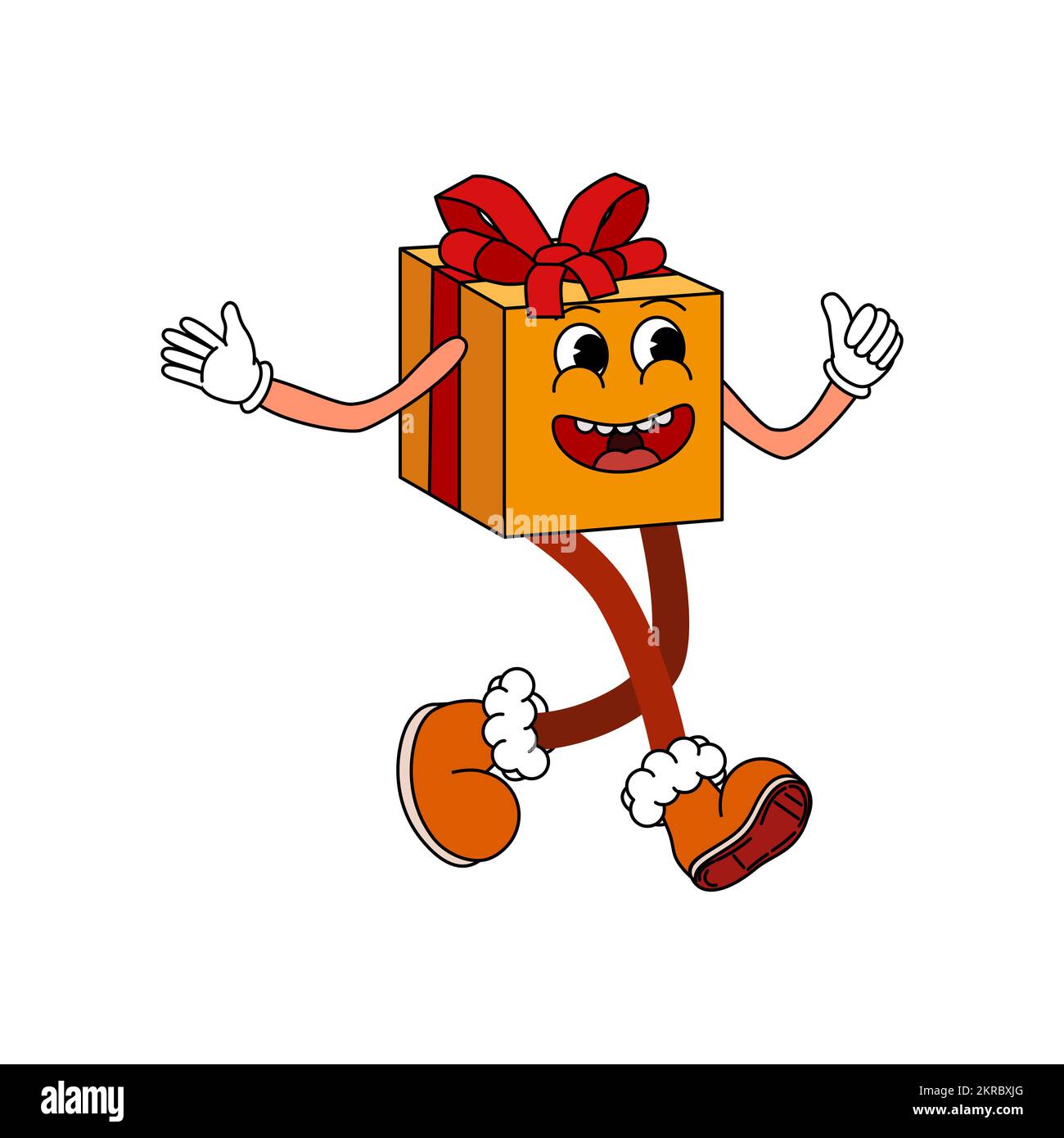 Gift Box Cartoon funny retro comic Christmas character, gloved hands