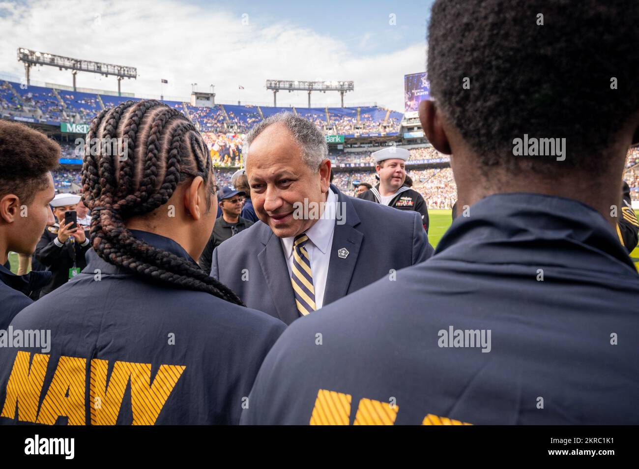 221112-N-WF272-2476 BALTIMORE (Nov. 12, 2022) U.S. Secretary of the Navy Carlos Del Toro meets future U.S. Navy Sailors, recruited by Navy Talent Acquisition Group Philadelphia, during the Navy-Notre Dame football game held at M&T Bank Stadium in Baltimore, Nov. 12, 2022. The game marked the 23rd time the city of Baltimore has hosted a Navy-Notre Dame game and the first since 2008. NTAG Philadelphia encompasses regions of Pennsylvania, New Jersey, Delaware, Maryland and West Virginia, providing recruiting services from more than 30 talent acquisition sites with the overall goal of attracting t Stock Photo