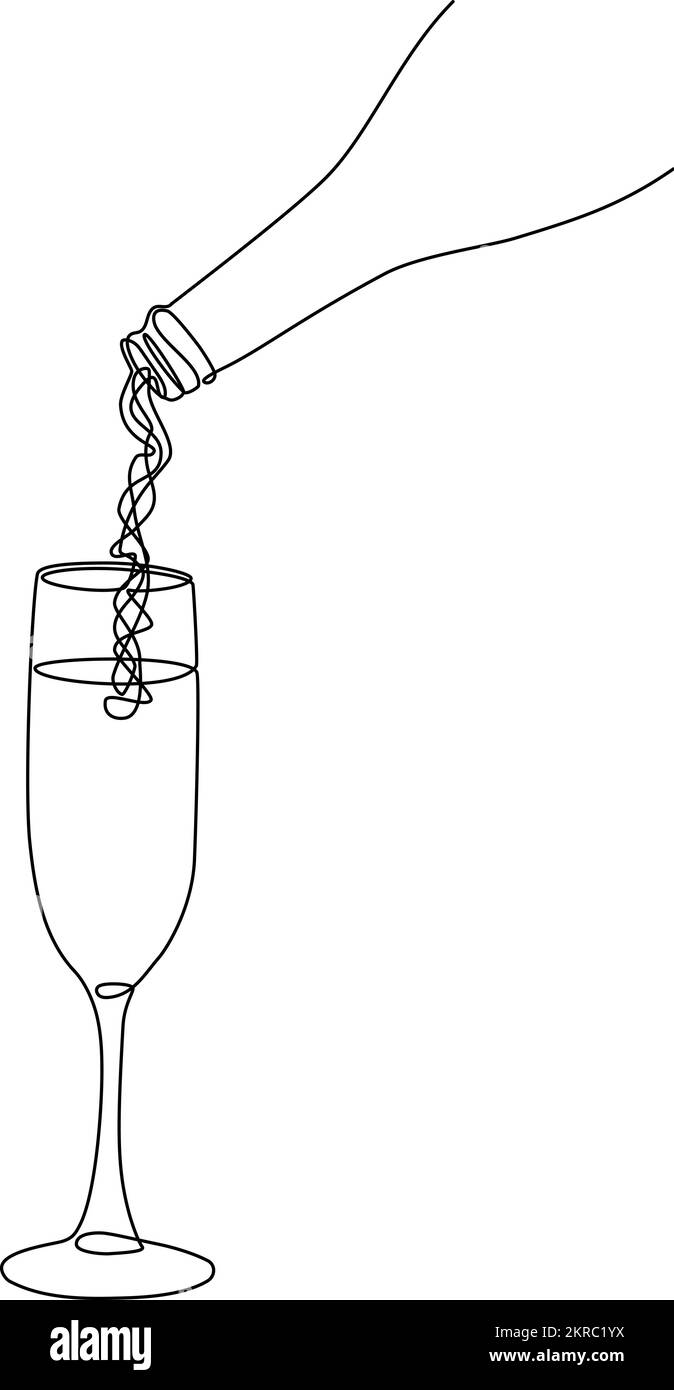 champagne is poured from bottle into glass continuous line vector illustration. Congratulation, wedding, birthday, celebration or new year concept Stock Vector