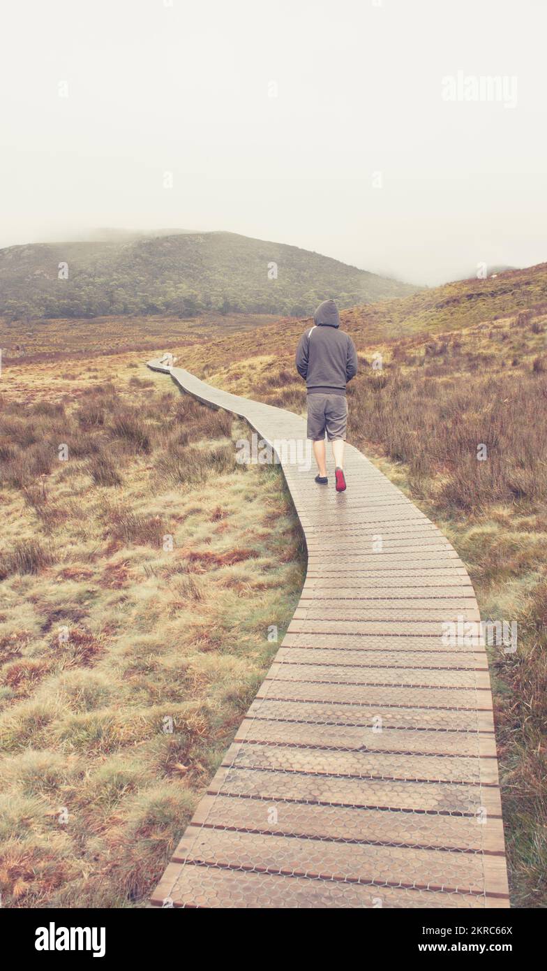 Tourist Hiker walking the Cradle Valley Boardwalk when on an adventure