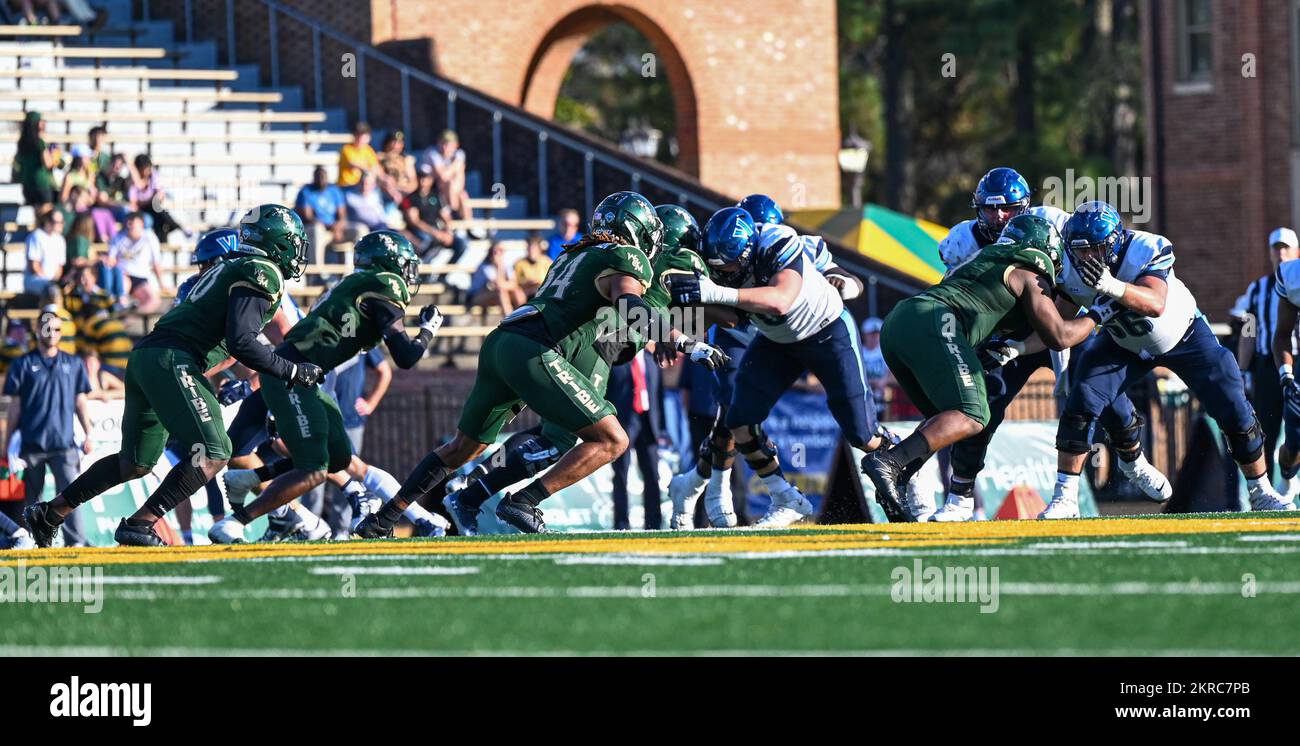 William and Mary Tribe plays the Villanova Wildcats during the 12th annual Military Appreciation game in honor of U.S. Veterans from all eras at the College of William and Mary, Williamsburg, Virginia, Nov. 12, 2022. The Wildcats and Tribe are both NCAA Division I Football Championship Subdivision teams and the resulting score of this game was 45-12 with the Tribe winning. Stock Photo