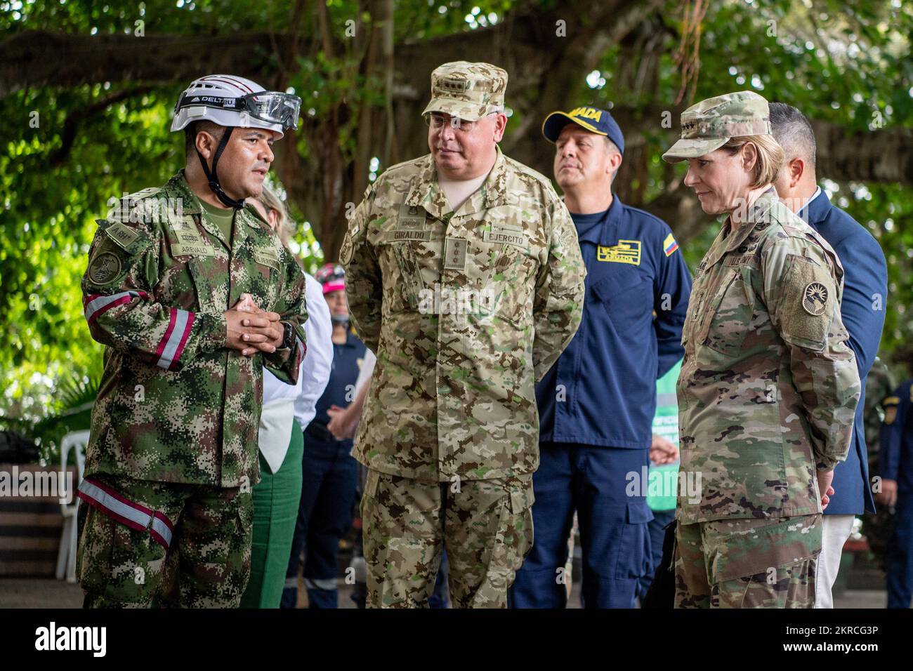 CARTAGENA, Colombia (Nov. 13, 2022)--U.S. Army Gen. Laura Richardson, commander of U.S. Southern Command, right, and Colombian army Maj. Gen. Helder Fernan Giraldo Bonilla, commander of Colombian Military Forces, receive a brief at a Continuing Promise 2022 (CP22) Humanitarian Assistance and Disaster Relief exercise in Cartagena, Colombia, Nov. 13, 2022. CP22 is a humanitarian assistance and goodwill mission conducting direct medical care, expeditionary veterinary care, and subject matter expert exchanges with five partner nations in the Caribbean, Central and South America. Stock Photo