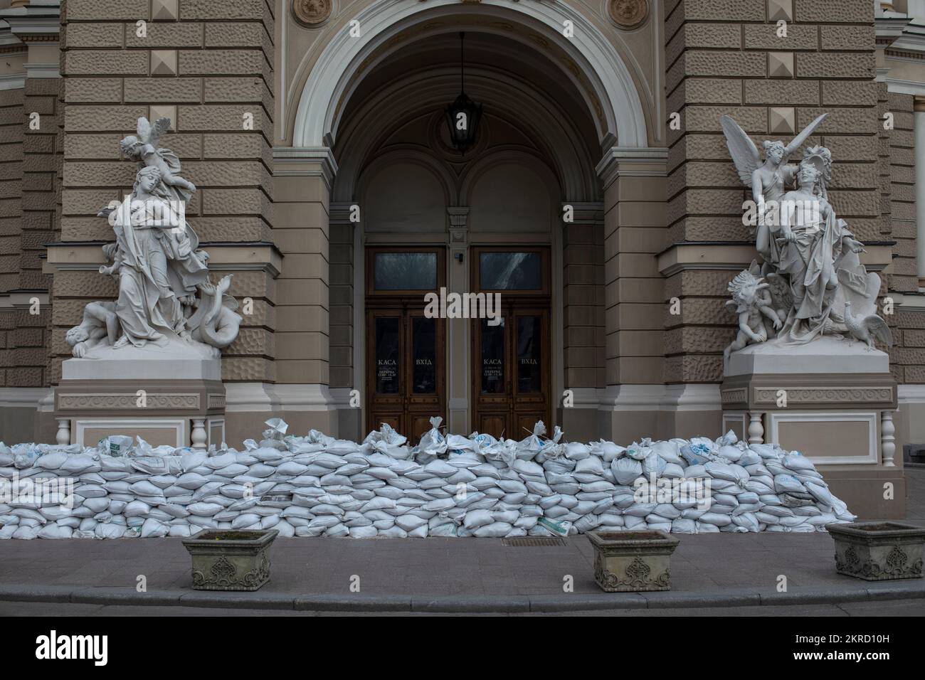 A barricaded Odesa is pictured on April 5, 2022, southern Ukraine. Stock Photo