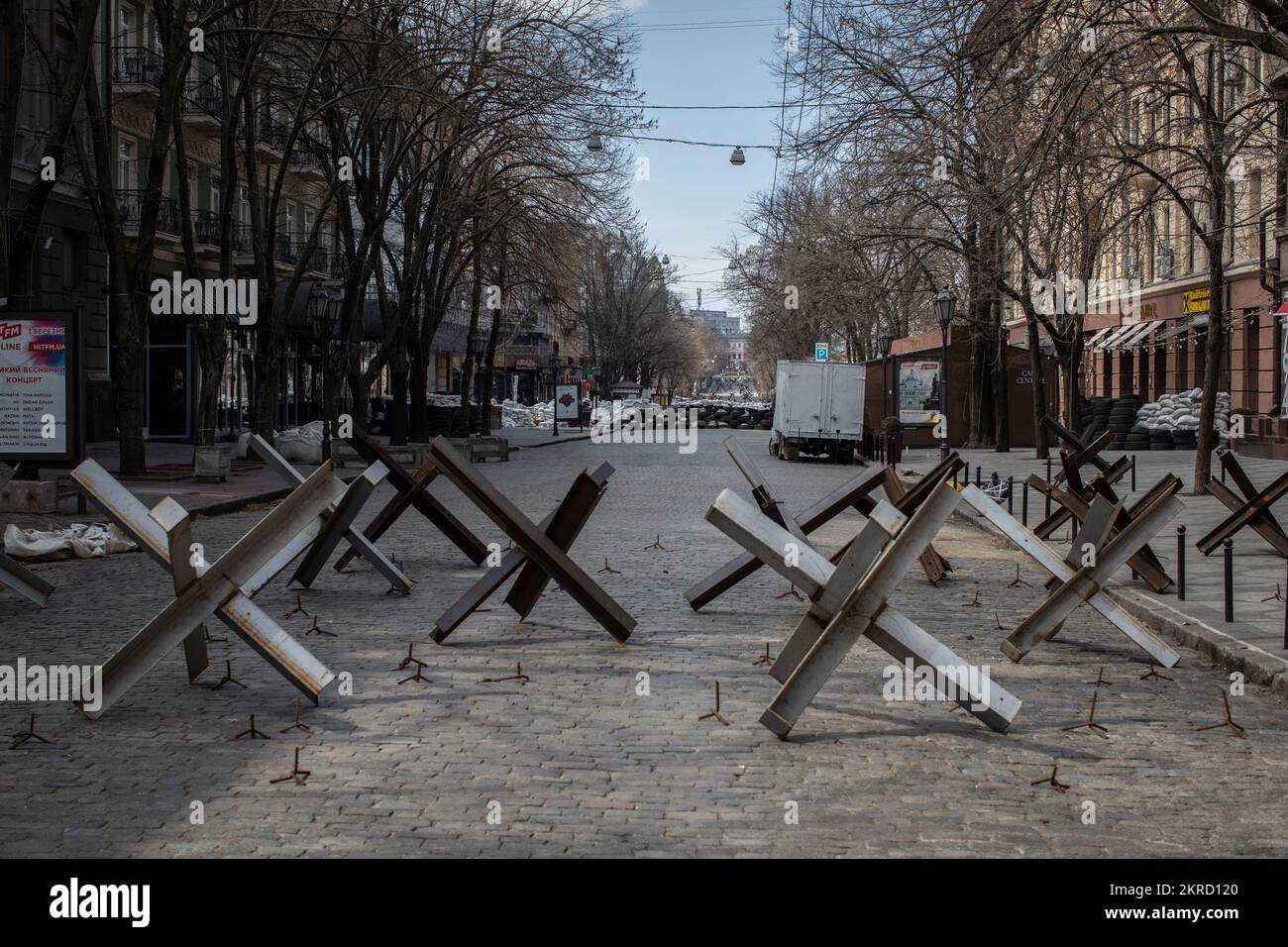 A barricaded Odesa is pictured on April 5, 2022, southern Ukraine. Stock Photo