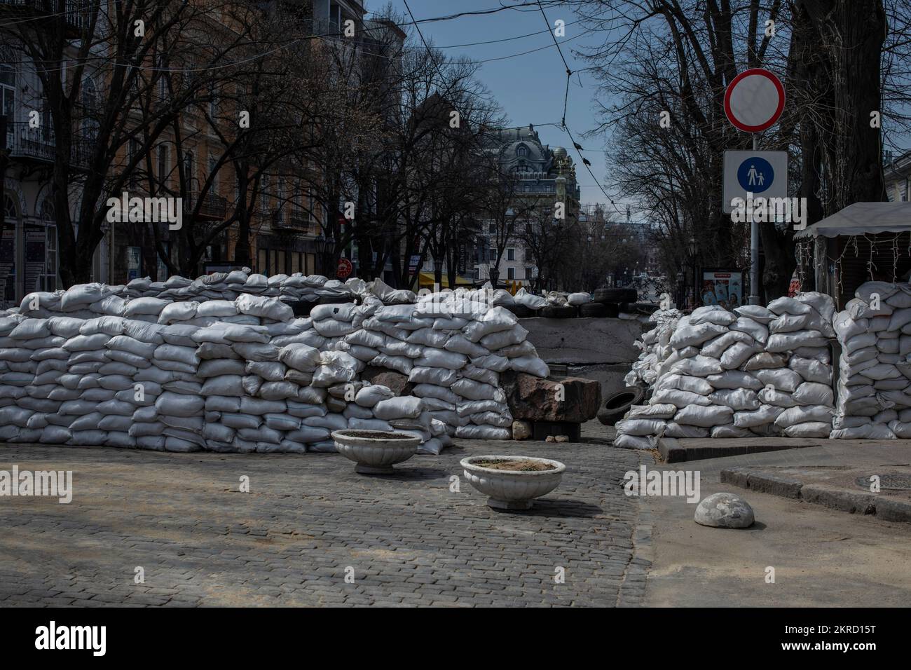 A barricaded Odesa is pictured on April 5, 2022, southern Ukraine. Stock Photo