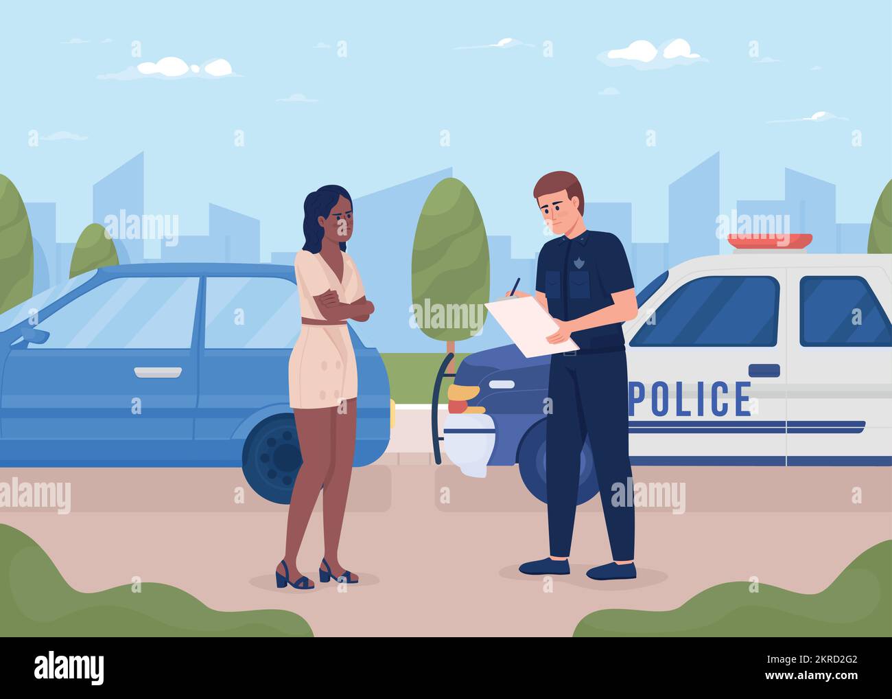 Young angry woman pulled over by police officer flat color vector illustration Stock Vector