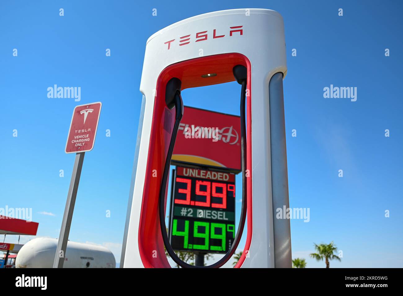 A Tesla Supercharger station outside a Flying J Travel Center ,Tuesday