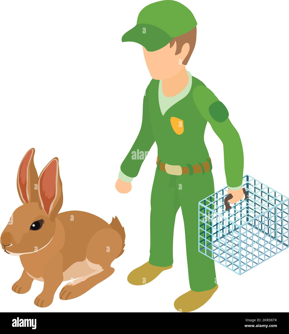 Trapping pet icon isometric vector. Man in uniform with cage in hand