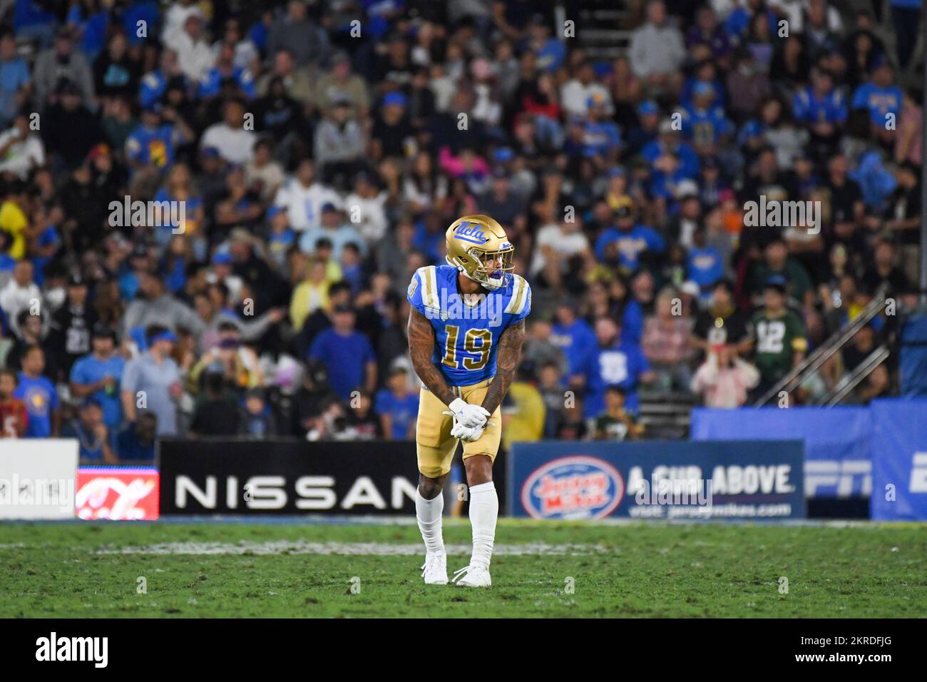 UCLA Bruins wide receiver Kazmeir Allen (19) during an NCAA football game against the Washington Huskies, Friday, Sep. 30, 2022, in Pasadena, Calif. T Stock Photo