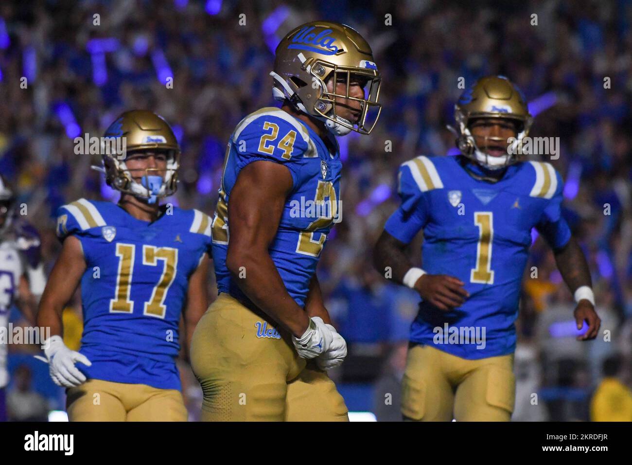 UCLA Bruins running back Zach Charbonnet (24) celebrates after scoring a touchdown during an NCAA football game against the Washington Huskies, Friday Stock Photo