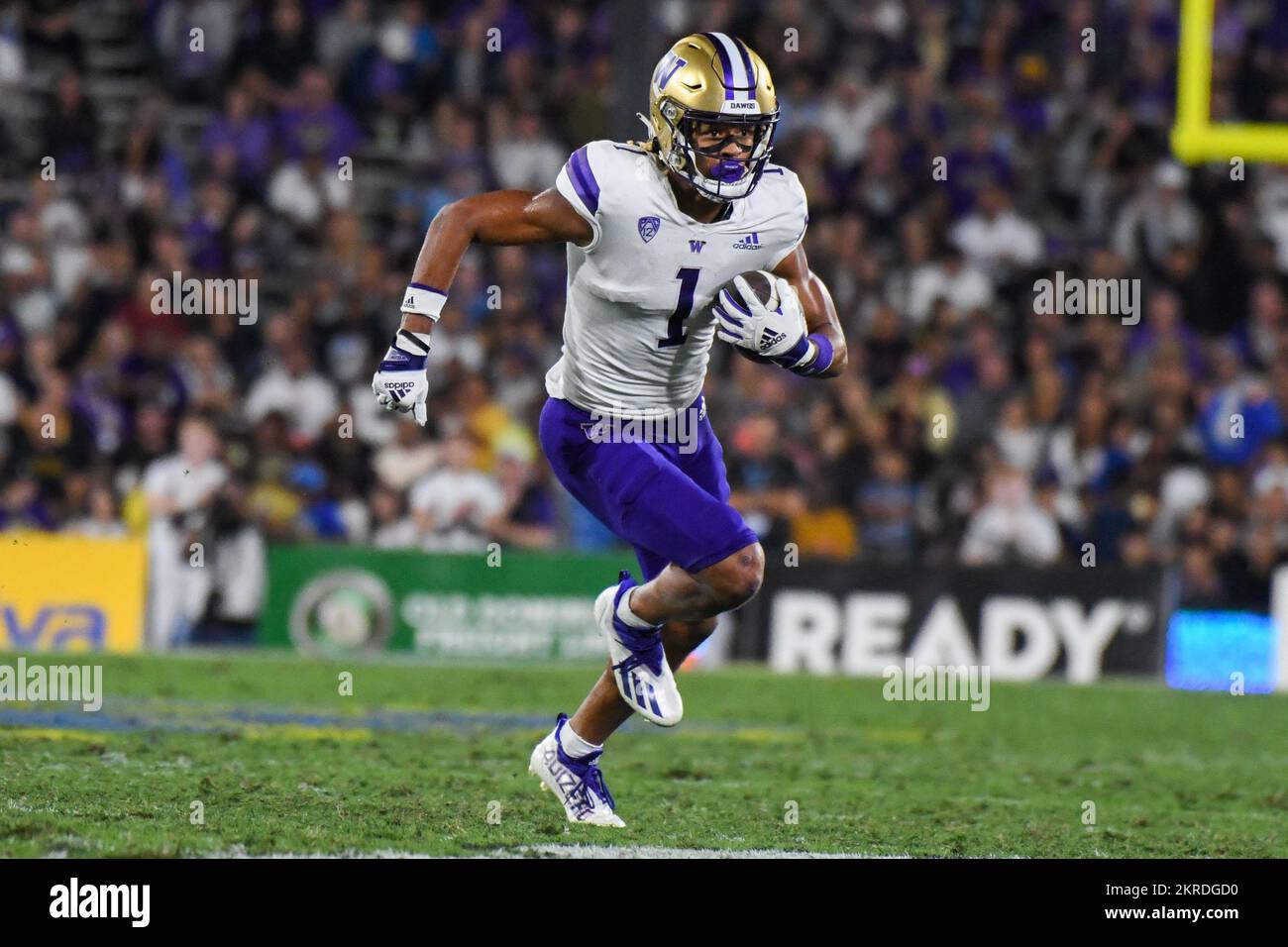 Washington Huskies wide receiver Rome Odunze (1) during an NCAA football game against the UCLA Bruins, Friday, Sep. 30, 2022, in Pasadena, Calif. The Stock Photo