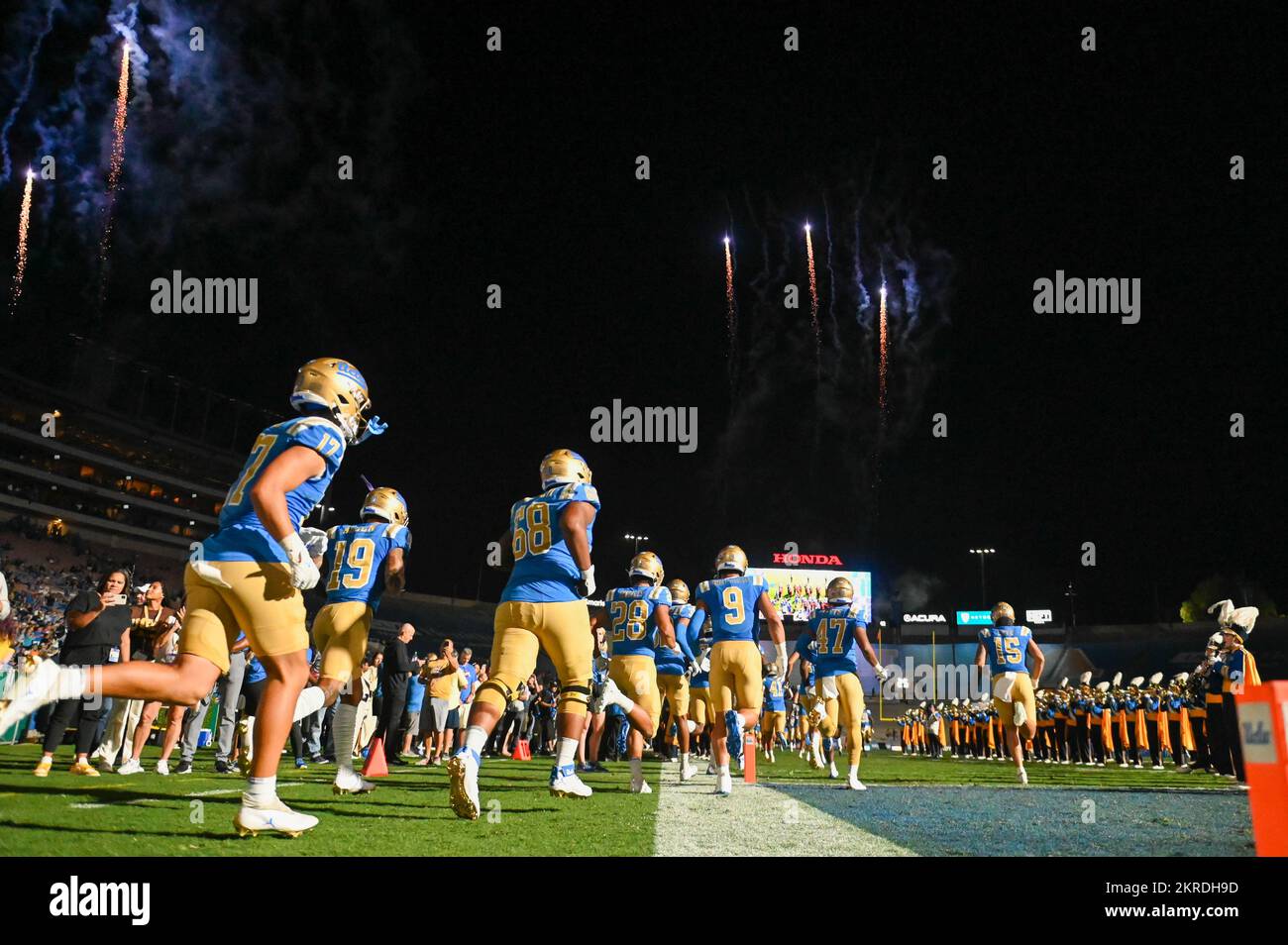 UCLA Bruins enter the field under fireworks during an NCAA football game against the Washington Huskies, Friday, Sep. 30, 2022, in Pasadena, Calif. Th Stock Photo