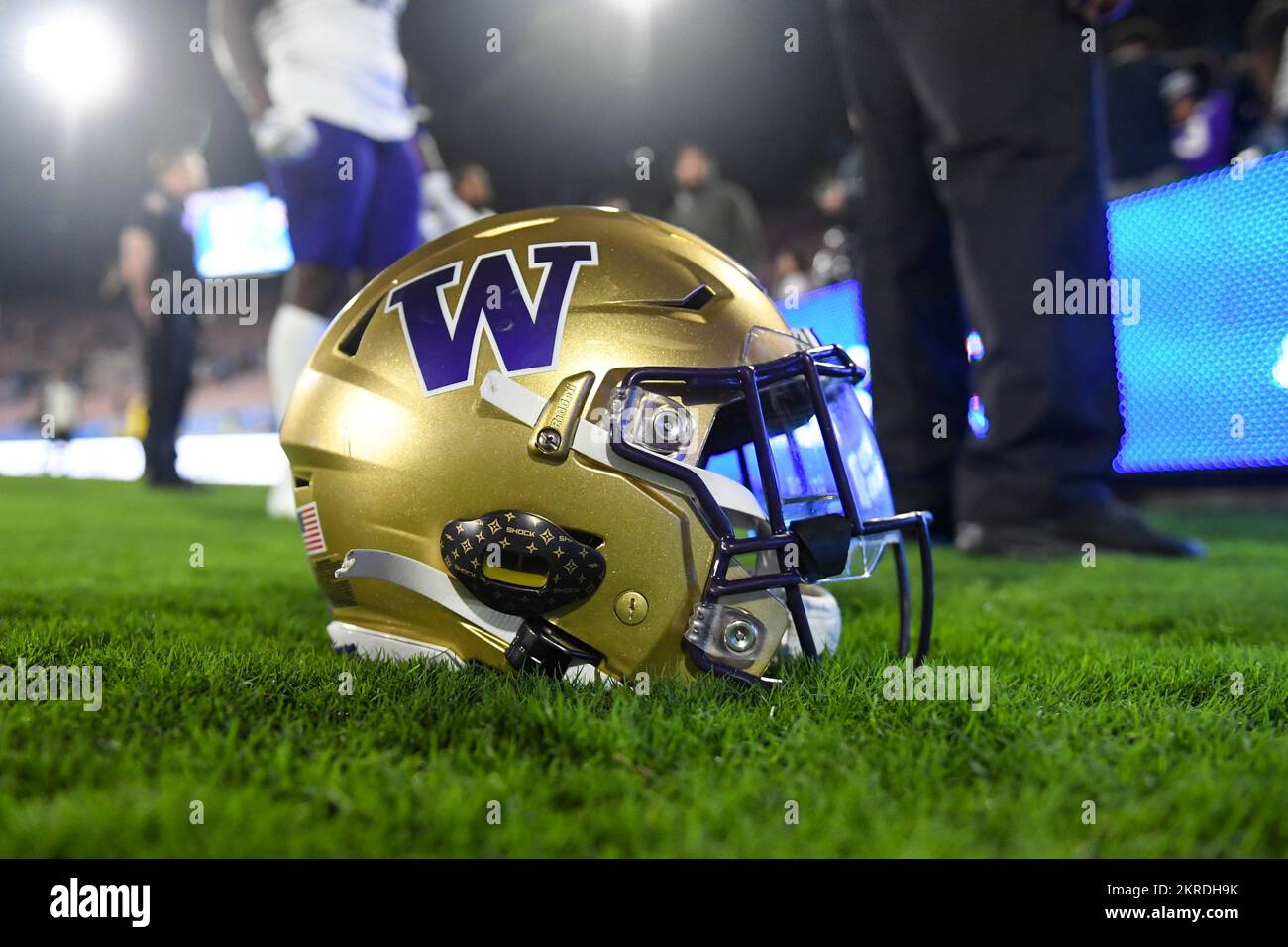Detailed view of a Washington Huskies helmet after an NCAA football game against the UCLA Bruins, Friday, Sep. 30, 2022, in Pasadena, Calif. The UCLA Stock Photo