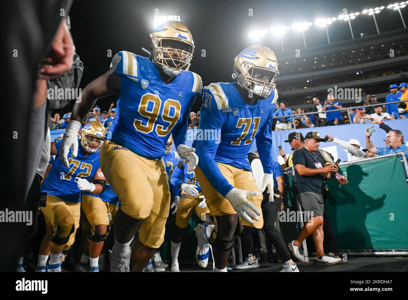 UCLA Bruins enter the field during an NCAA football game against the Washington Huskies, Friday, Sep. 30, 2022, in Pasadena, Calif. The UCLA Bruins de Stock Photo