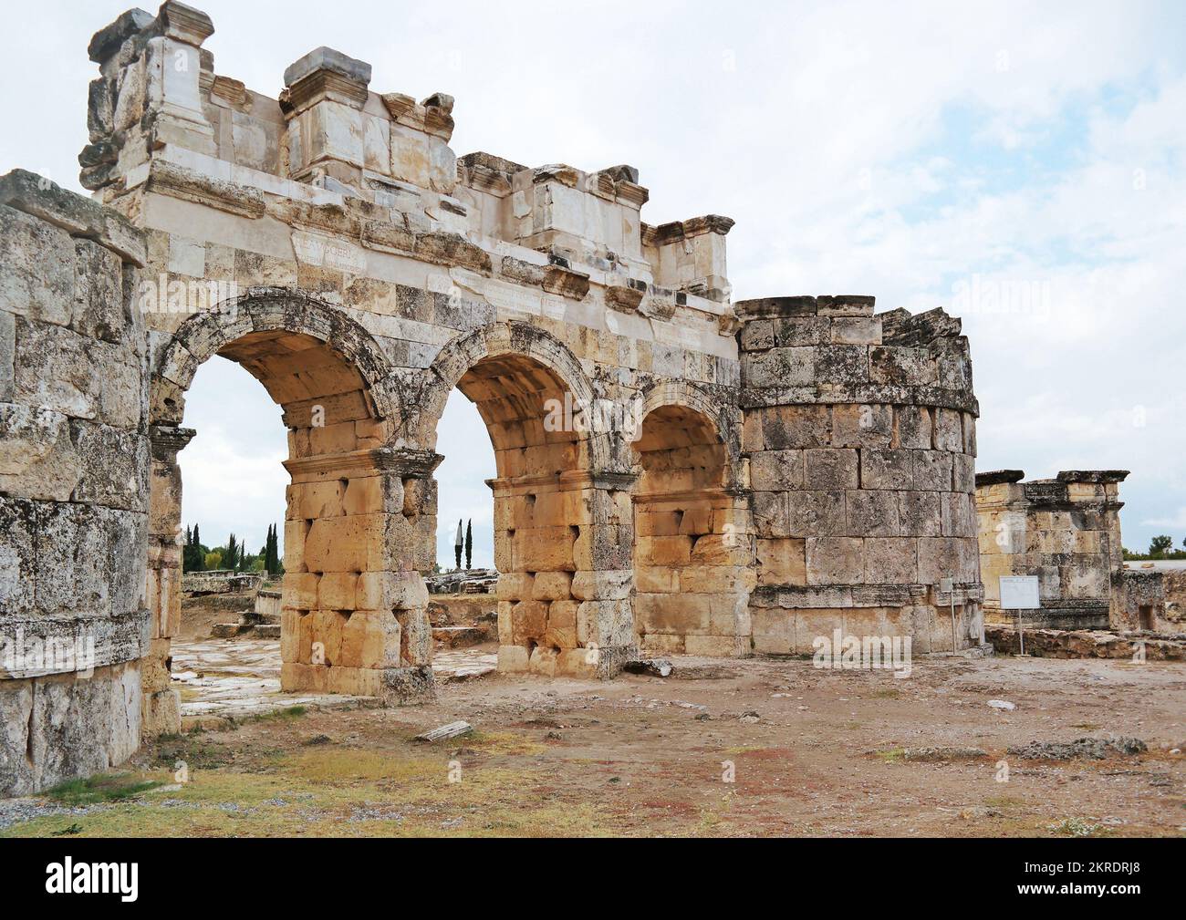 Denizli, Turkey - Sept 2017: Pamukkale Hierapolis ancient city ruins, North Roman Gate Stock Photo